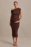 Linnea Brown Asymmetric Neck Maternity Midi Dress