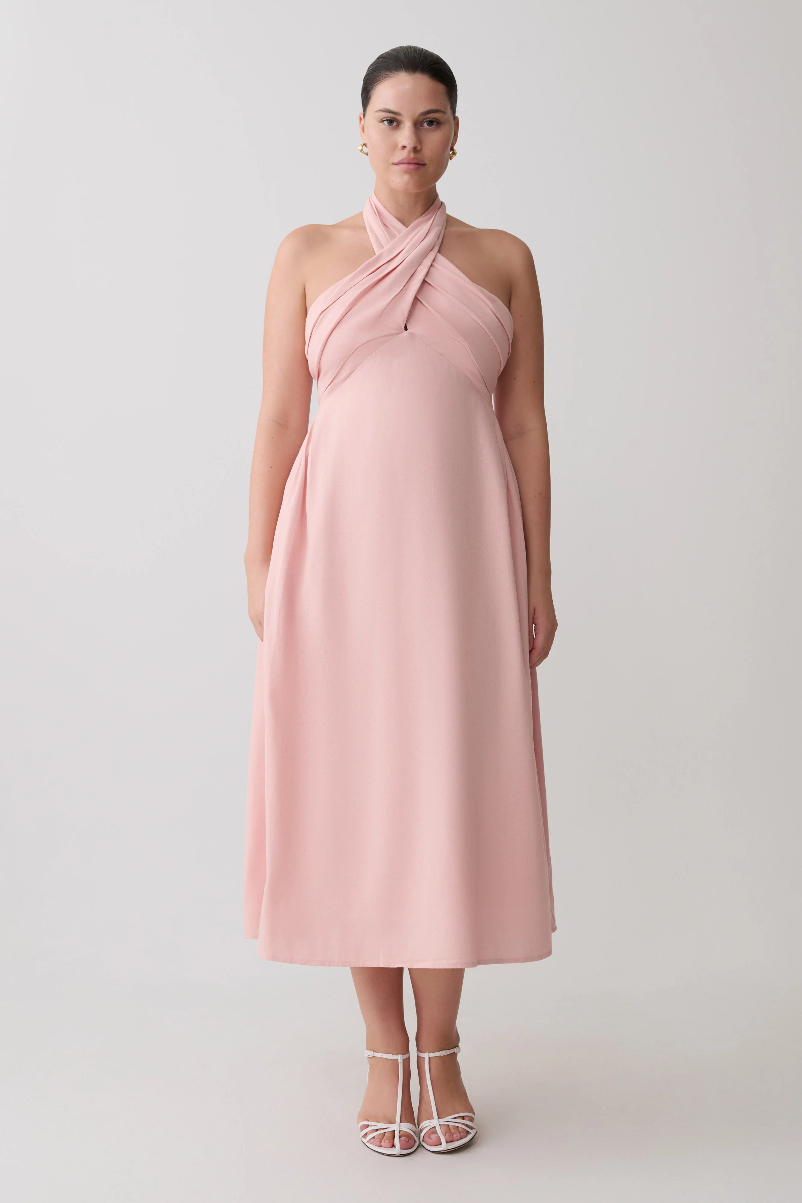 Rosie Linen Halter Midi Dress Pink