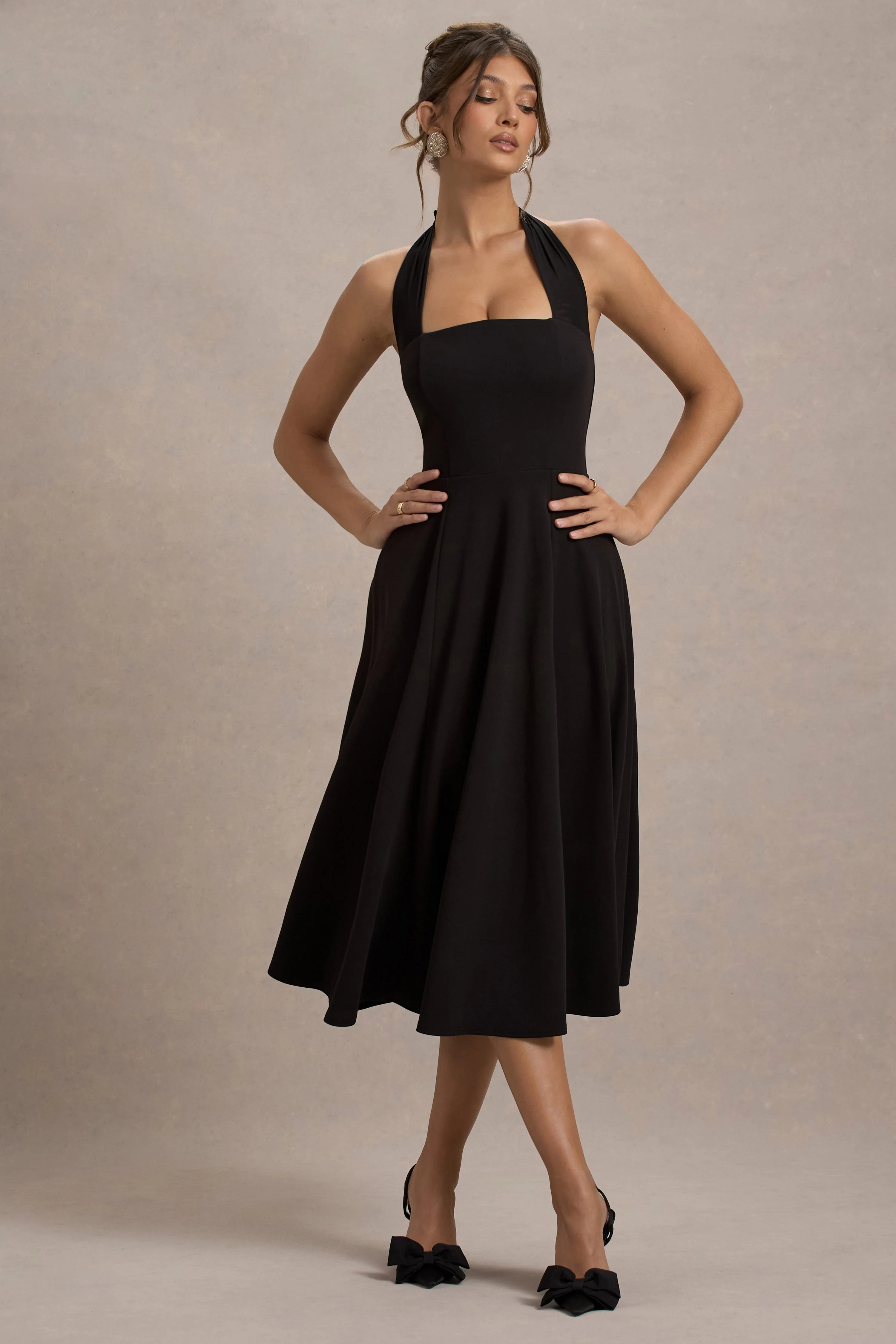 Auburn Black Halter Skater Midi Dress