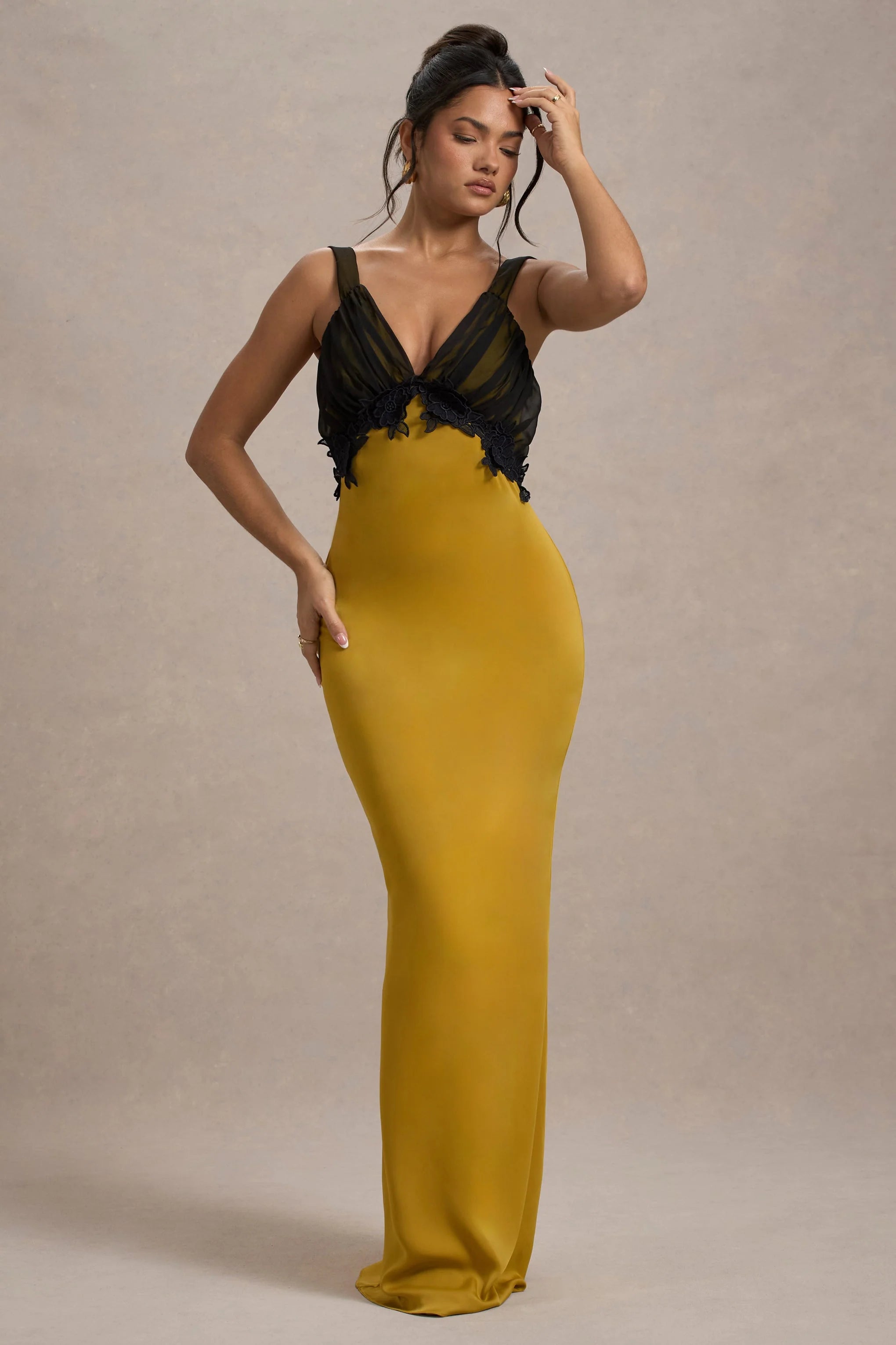 Sahara Mustard Satin V Neck Maxi Dress With Black Lace Trim