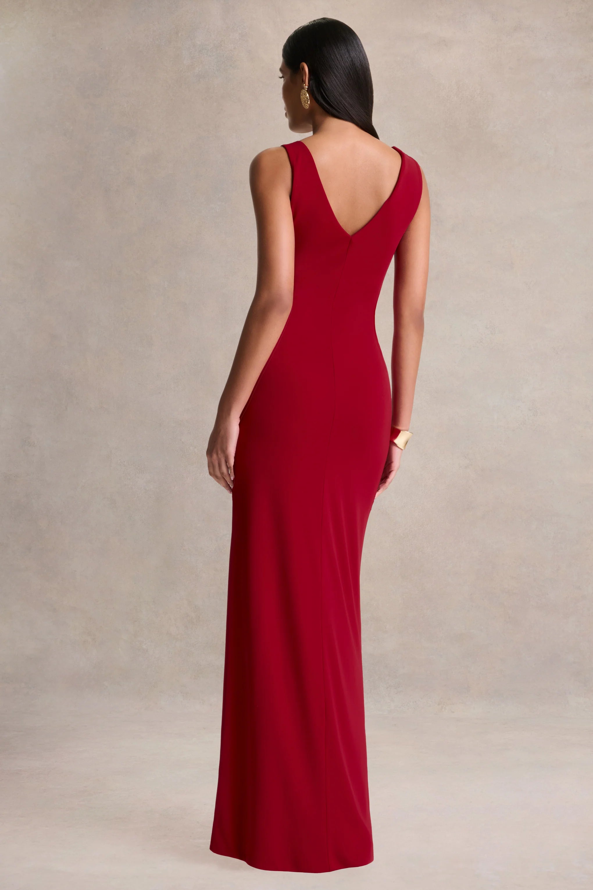 Vesperelle Red Scoop Neck Maxi Dress With Gathered Detailing