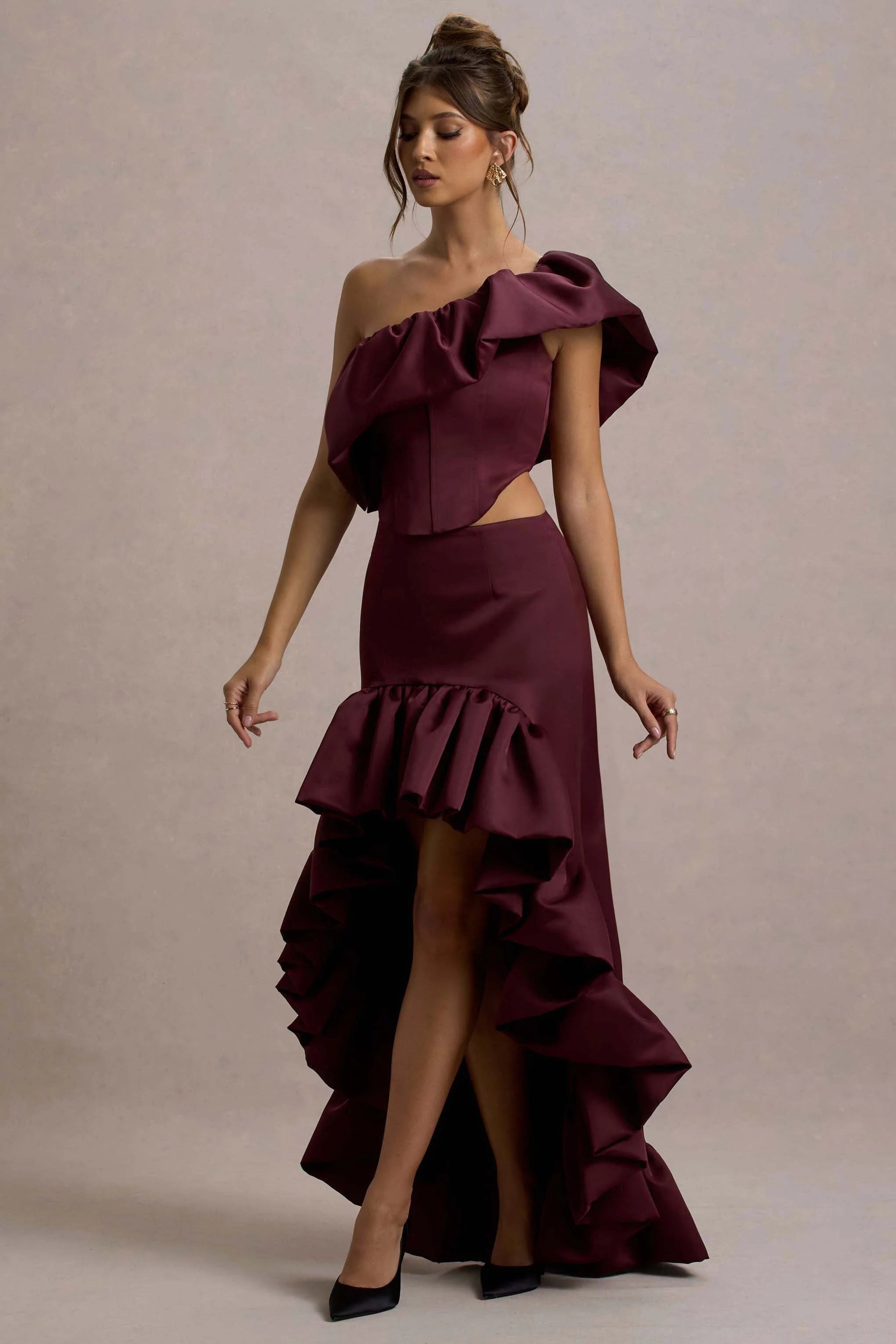 Ruby Merlot Satin High Low Maxi Skirt