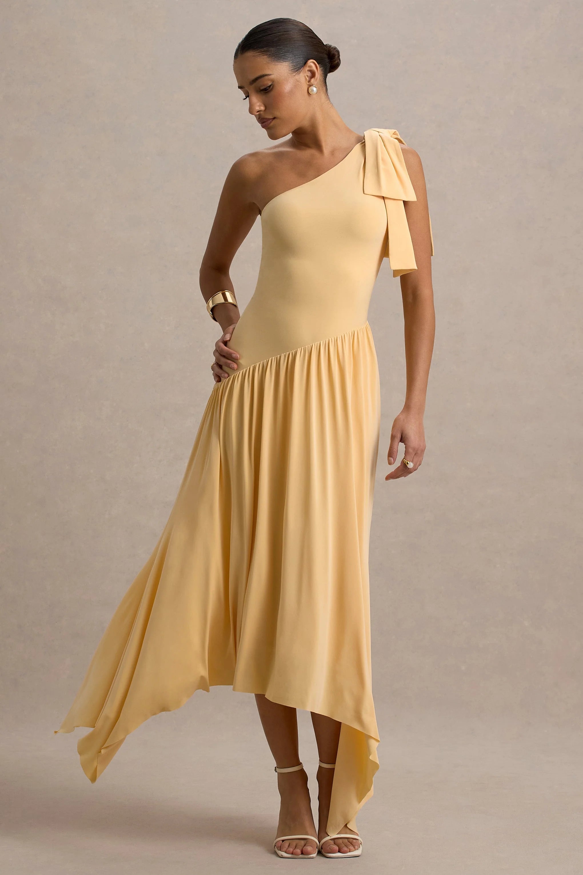 Lotus Love Orange One Shoulder Hanky Hem Maxi Dress With Bow