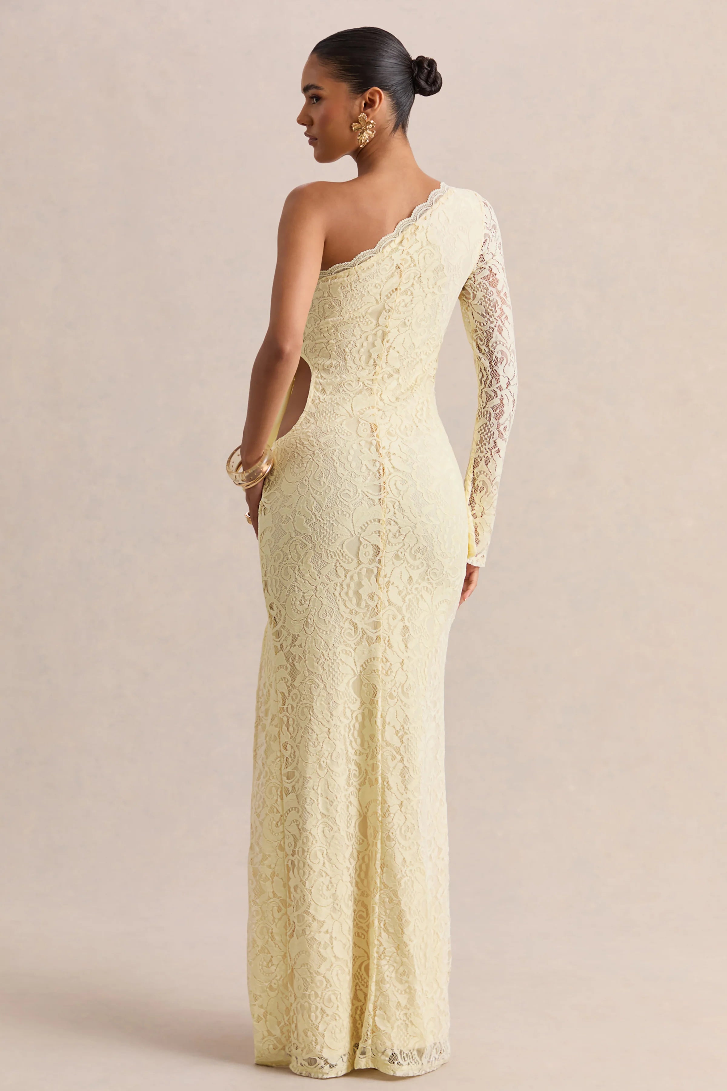 Norna Lemon Lace Asymmetric Neck Maxi Dress With Cut Out And Bow Details