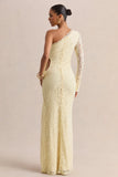 Norna Lemon Lace Asymmetric Neck Maxi Dress With Cut Out And Bow Details