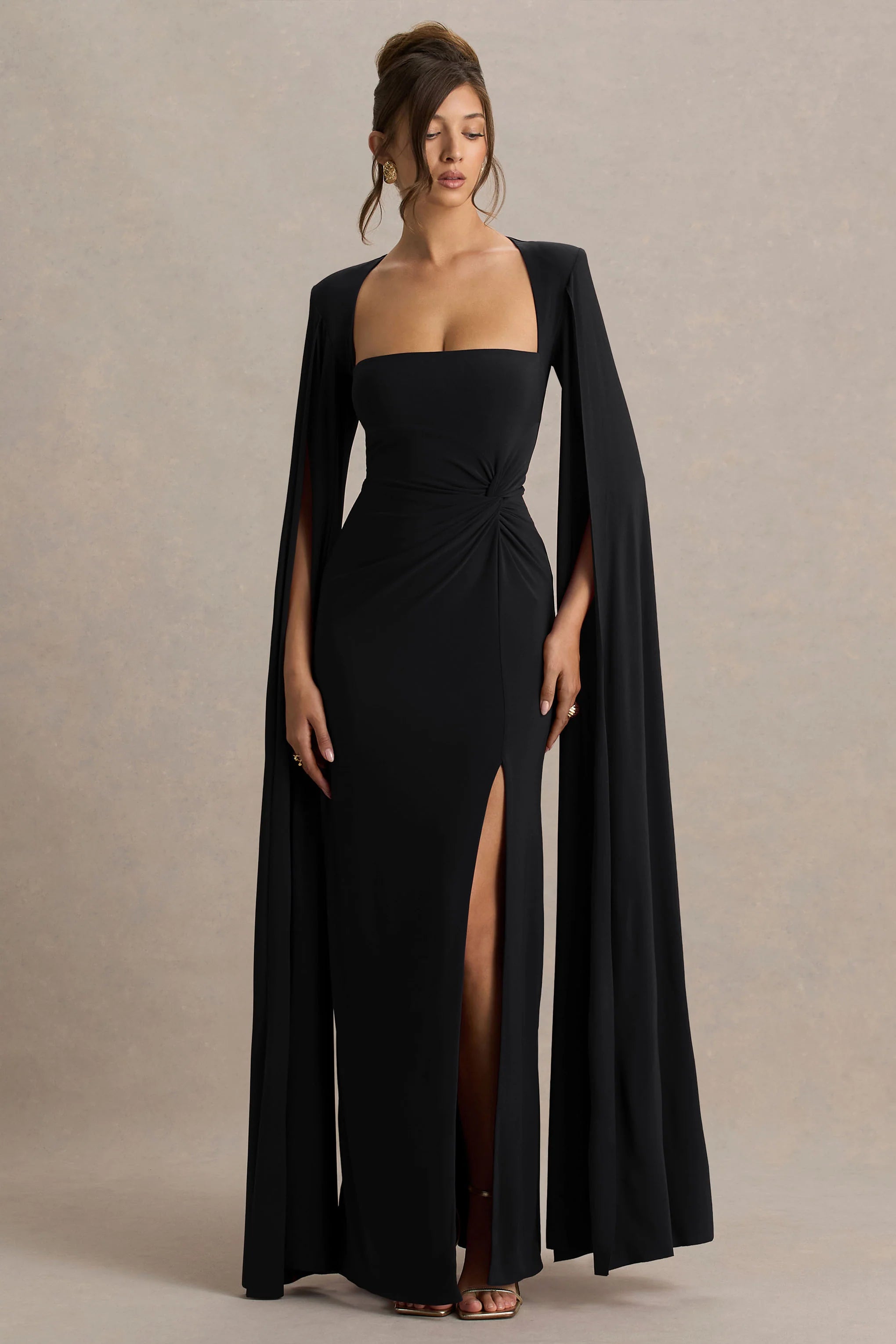 Claretta Black Square Neck Twisted Maxi Dress With Cape Sleeves