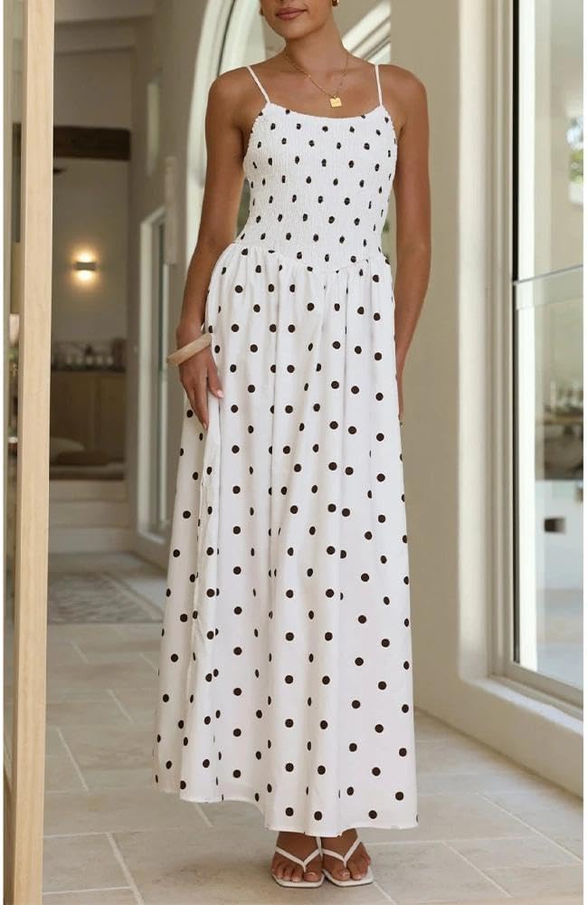 Women Polka Dot Maxi Dress Smocked Spaghetti Strap Flowy Sundress Summer Beach Vacation