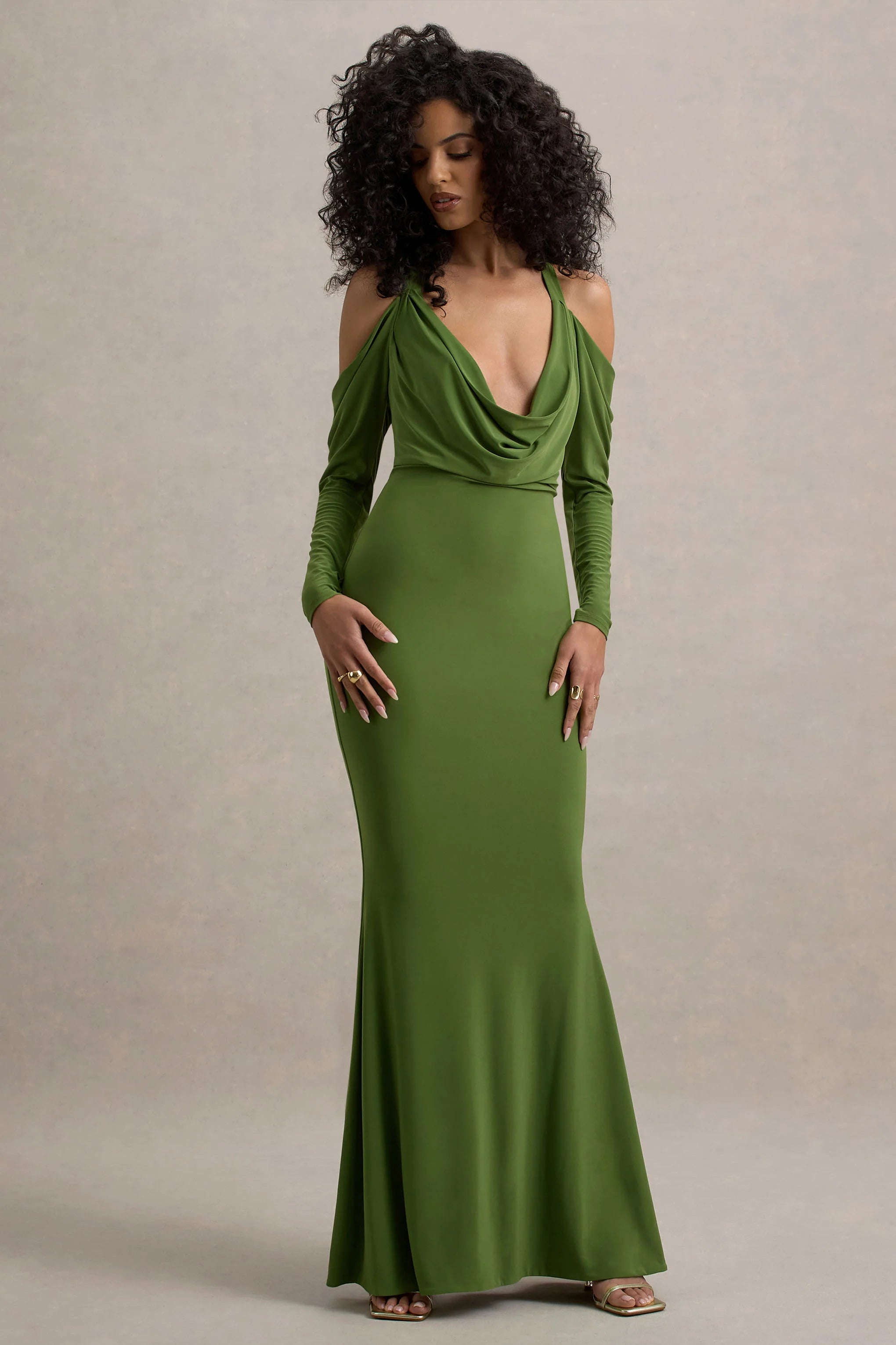 Hurghada Green Plunge Neck Long Sleeve Maxi Dress