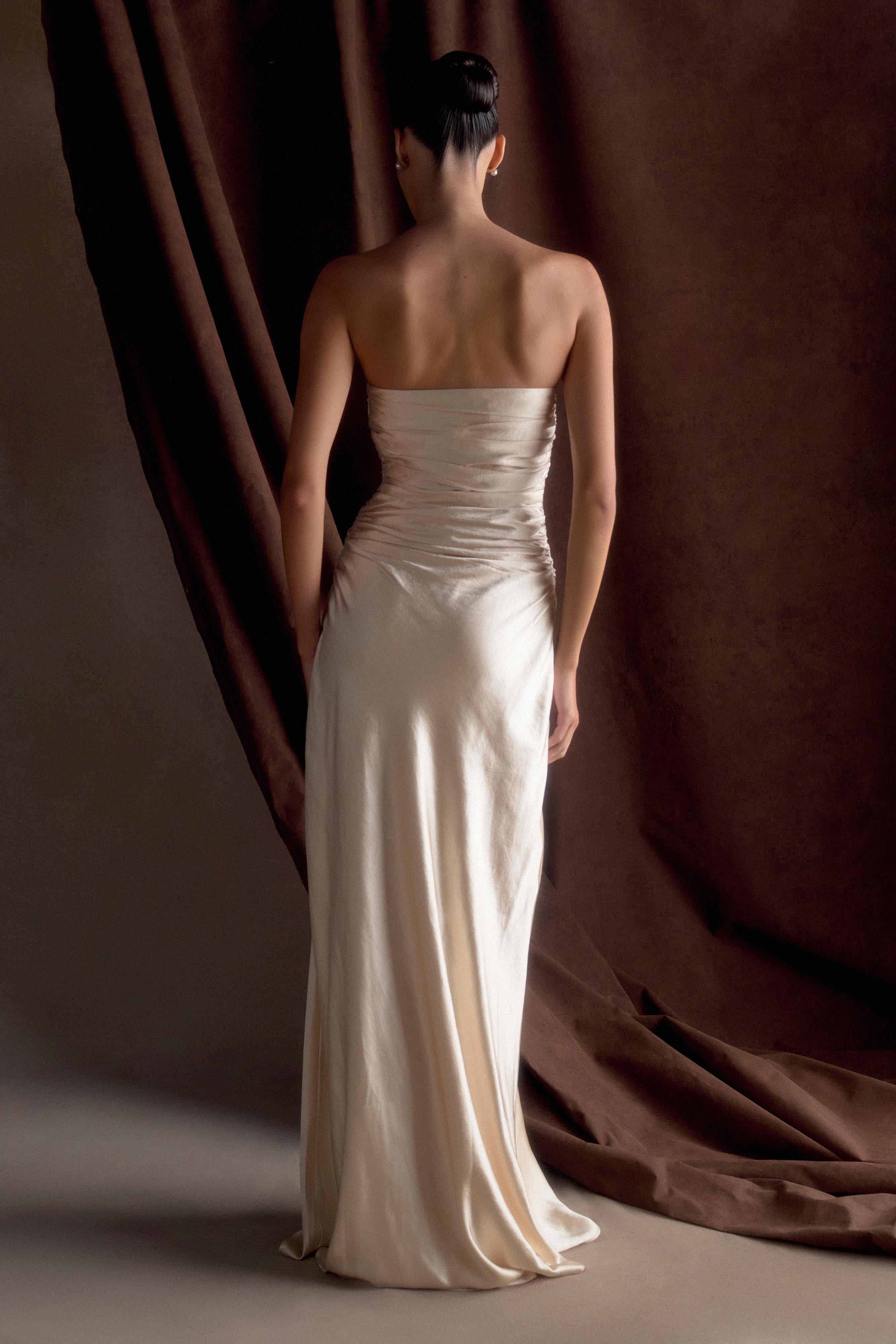 Cedar Strapless Satin Maxi Dress Blush Gold