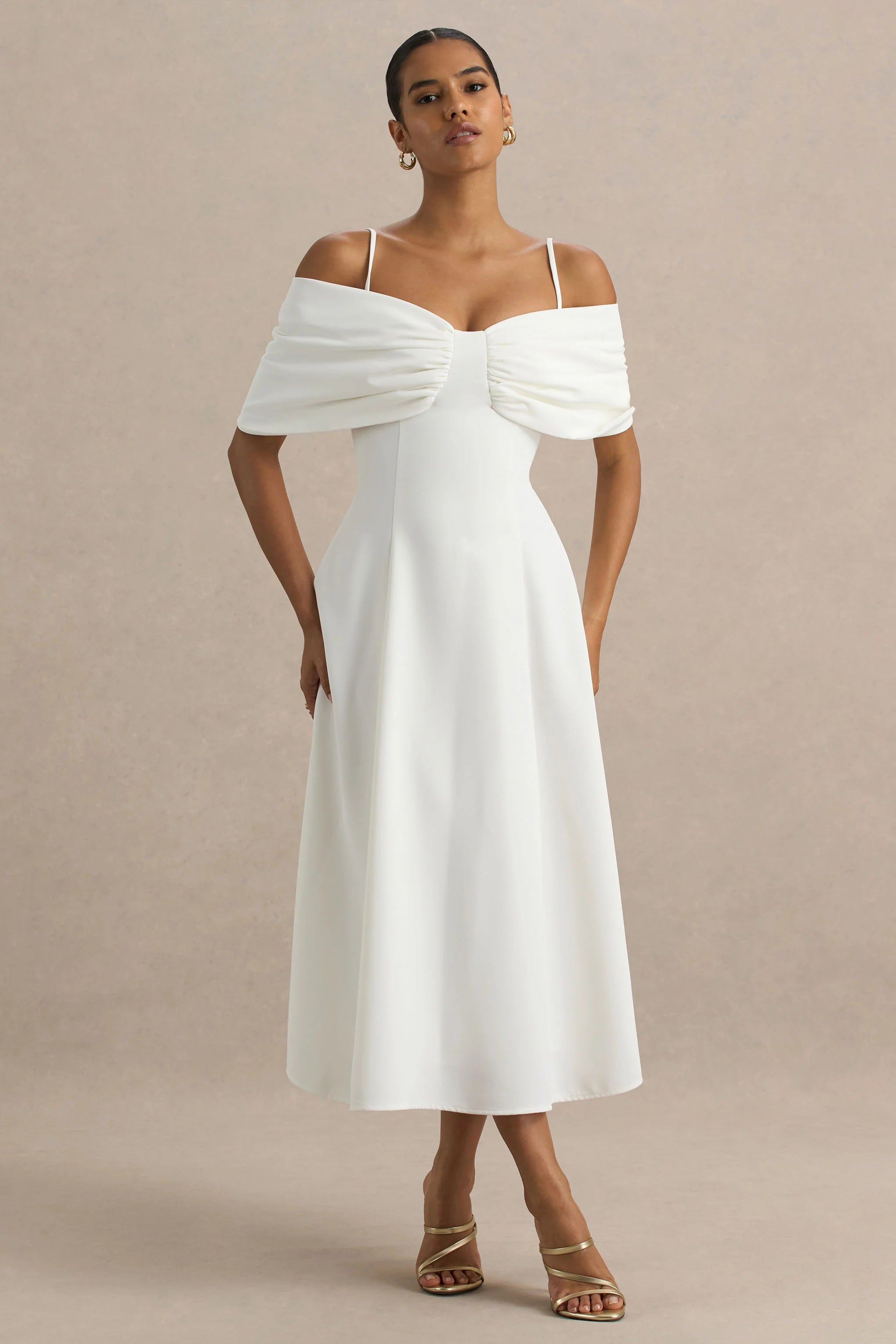 Hettie White Short Sleeve Bardot Midi Dress With Bow Detail