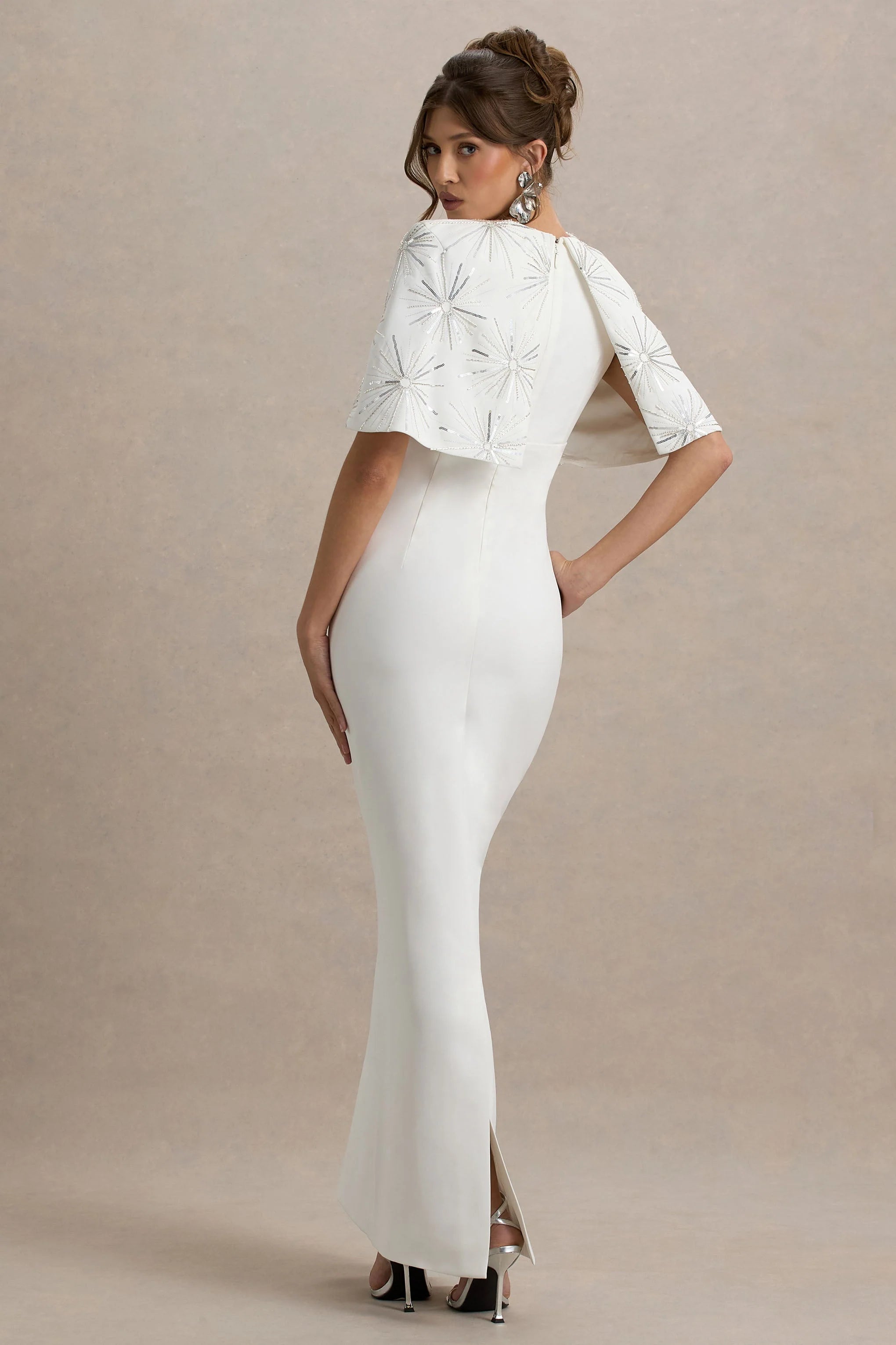 Agnella White Embellished V Neck Maxi Dress