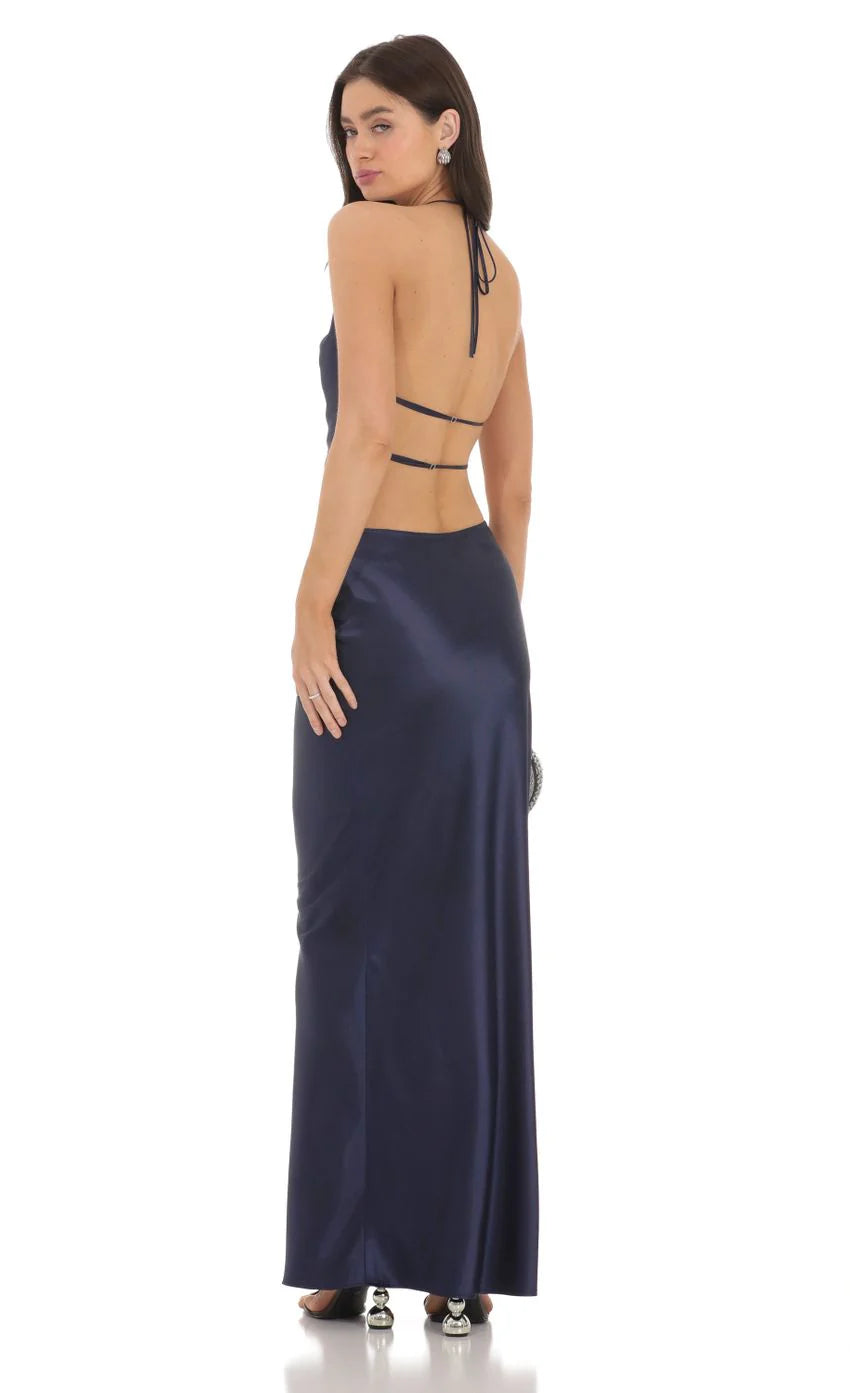 Satin Slip Two Piece Set in Navy