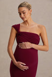 Mila Burgundy Asymmetric Neck Maternity Maxi Dress