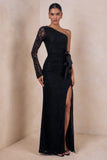 Norna Black Lace Asymmetric Neck Maxi Dress With Cut Out And Bow Details