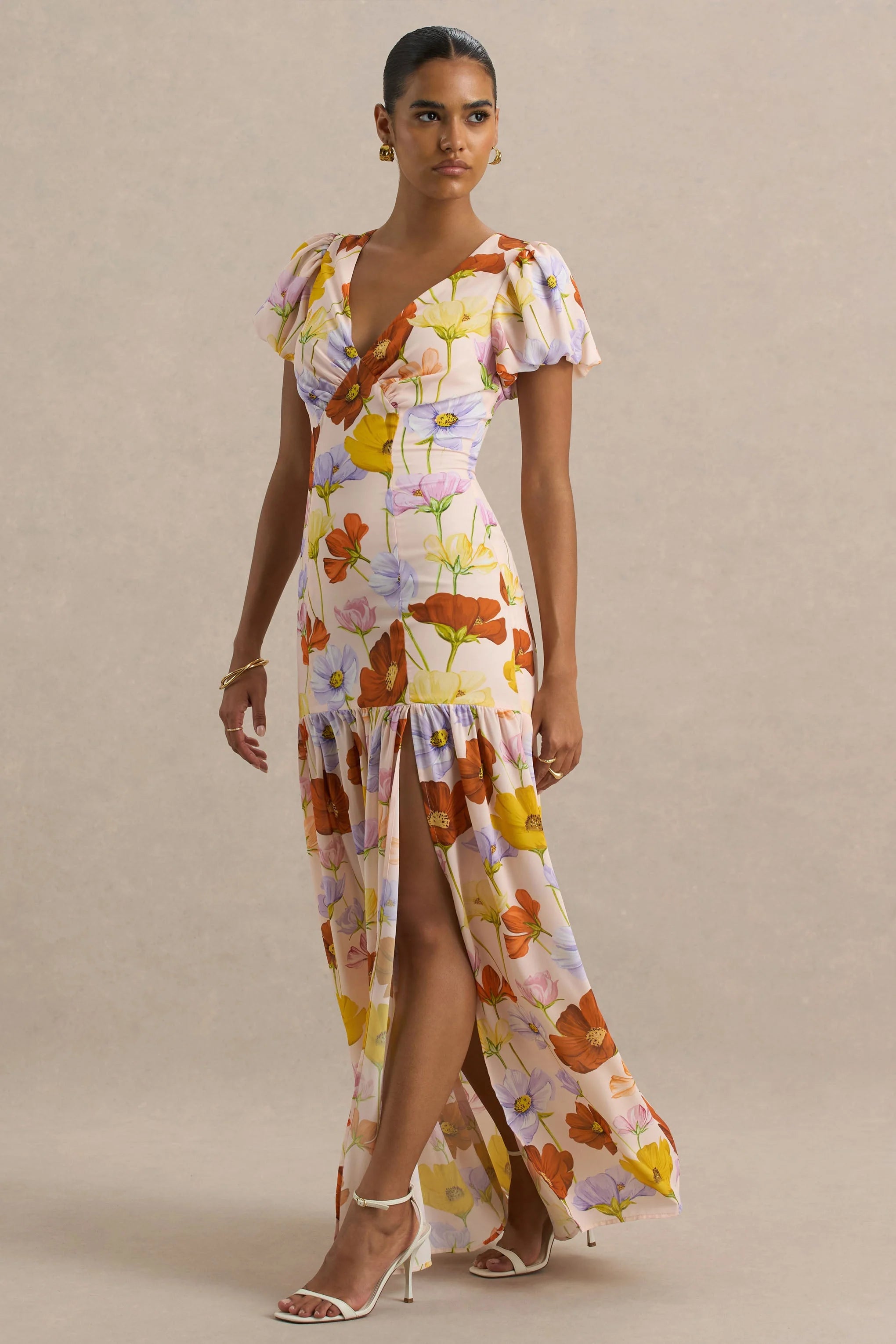 Ginny Bright Floral Print Puff Sleeve Split Maxi Dress