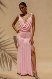 Meggie Pink Plunge Neck Twisted Maxi Dress With Chiffon Skirt