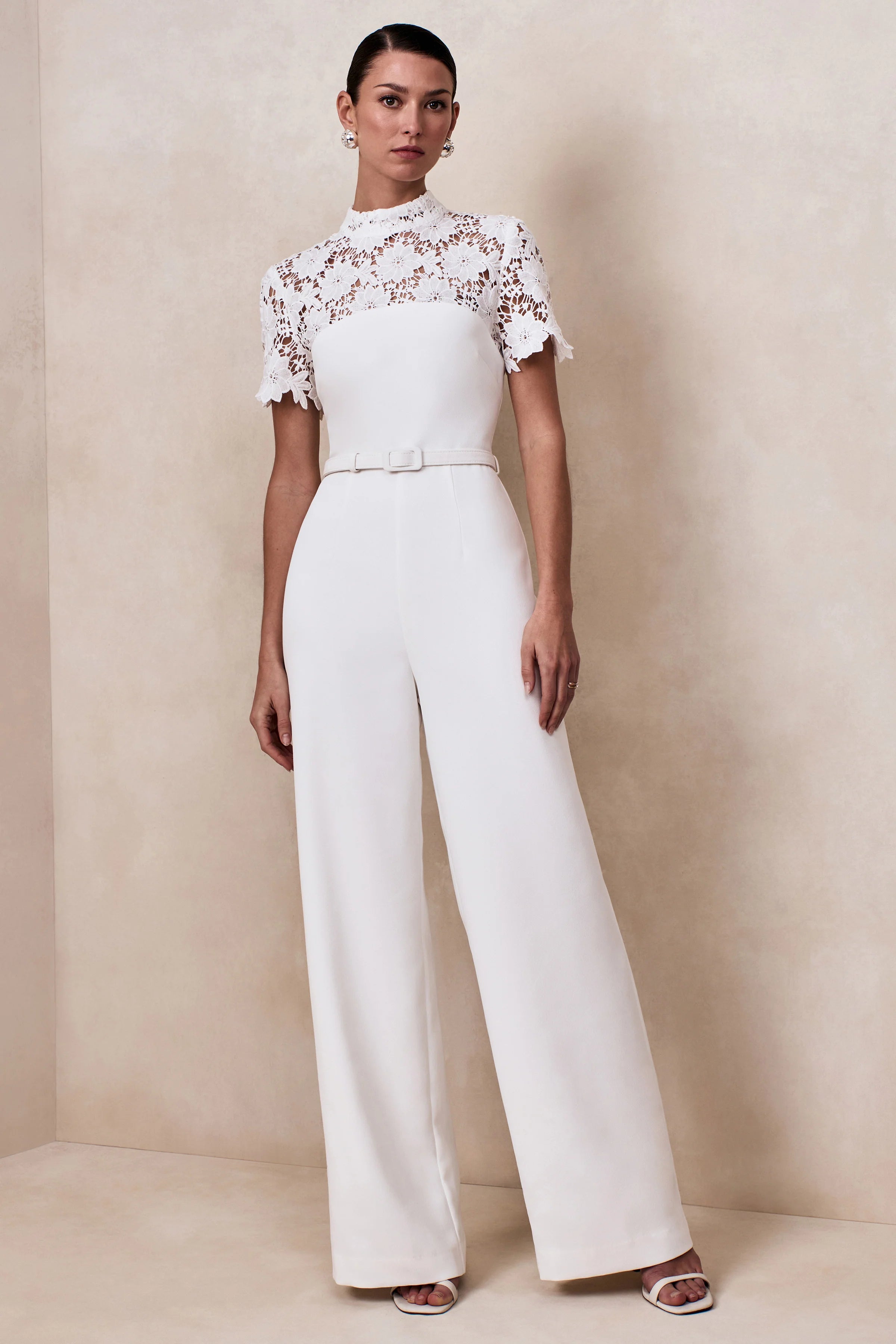 Liliana White High Neck Jumpsuit With Lace Detailing