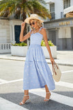 Women Floral Embroidered Maxi Dress Sleeveless Tie Shoulder Smocked Flowy Dress Boho Summer Sundresses with Pockets