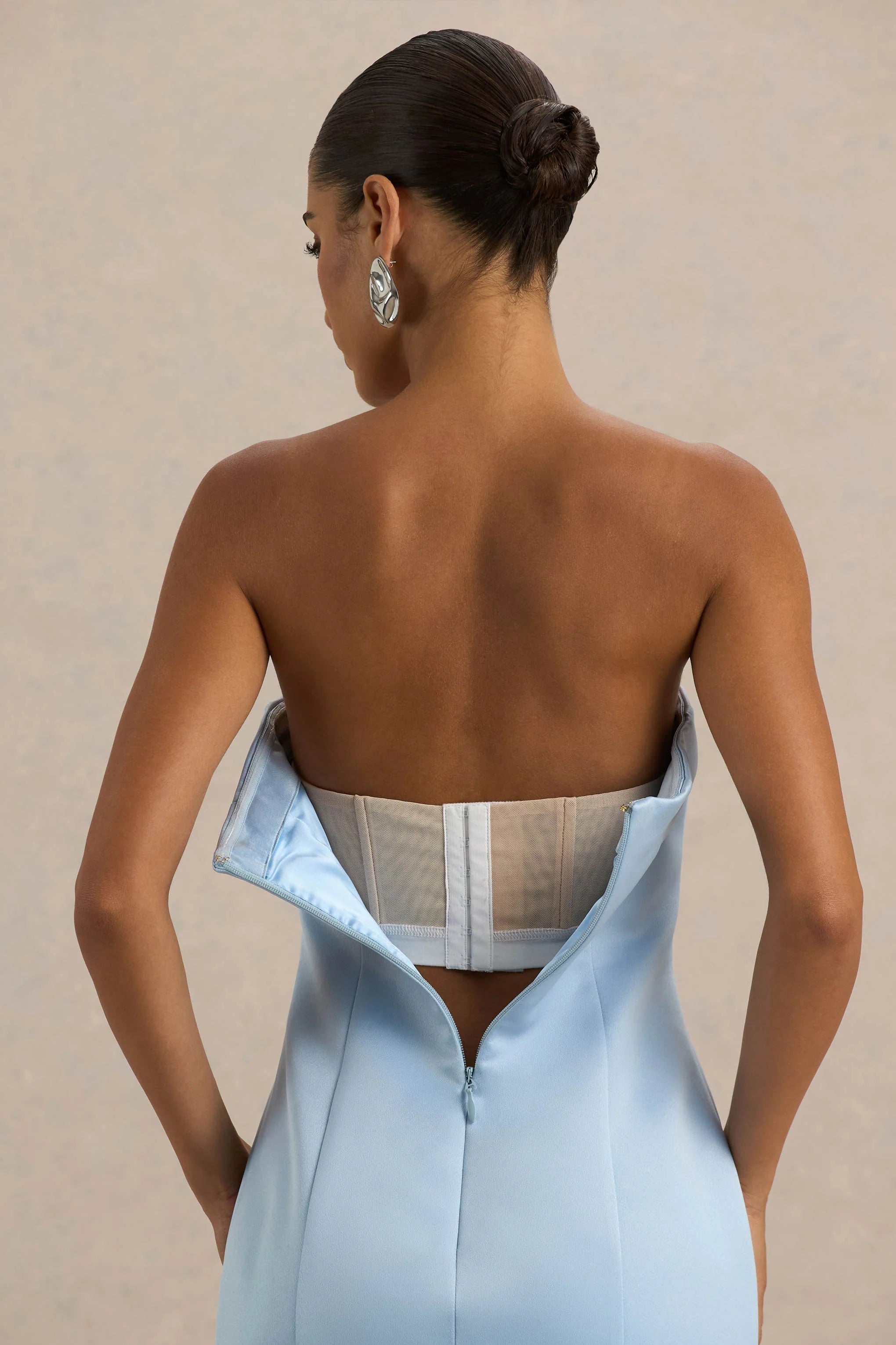 Trinity Powder Blue Satin Bandeau Maxi Dress With Fringe