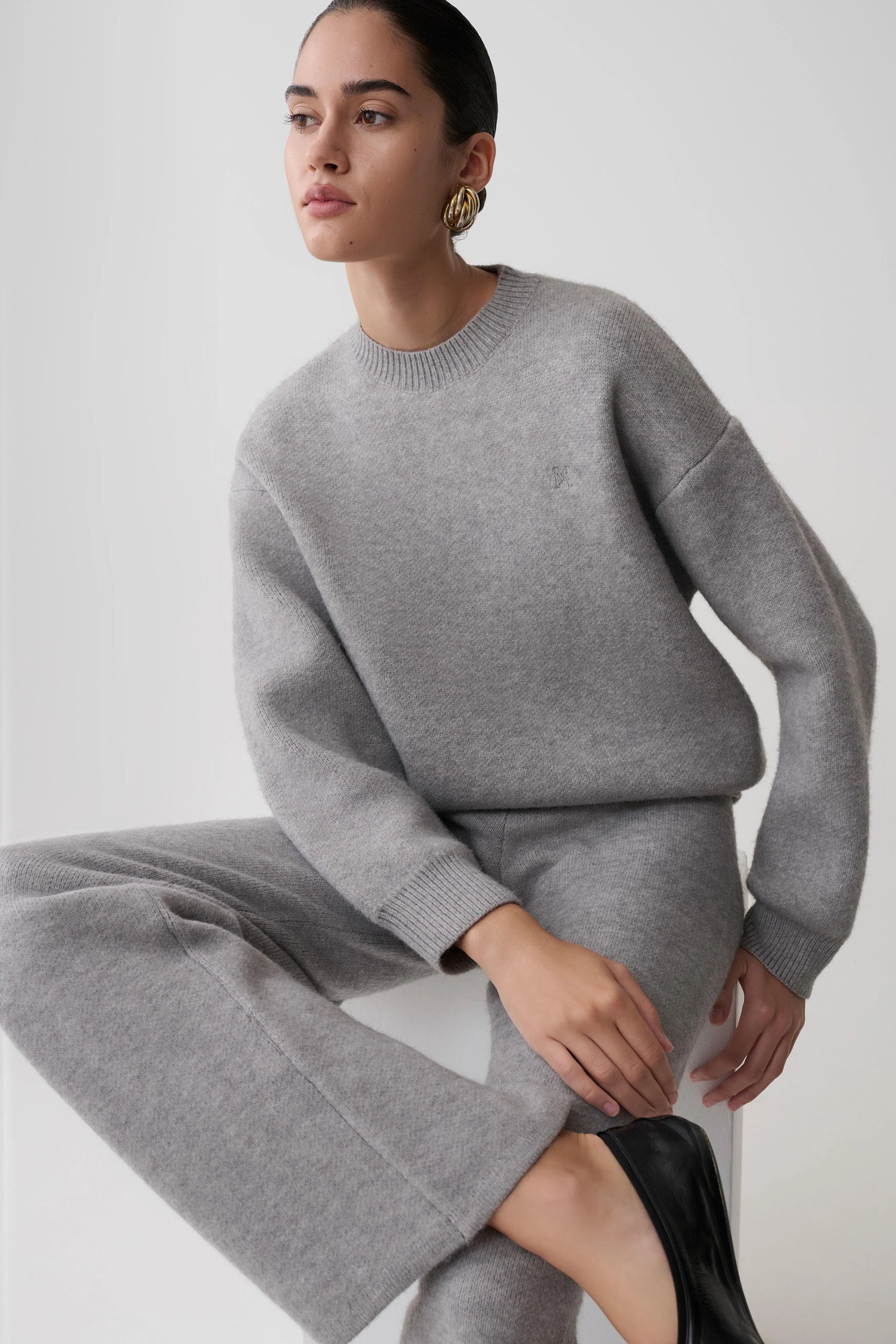 Evan Knit Wide Leg Pants Grey Marle
