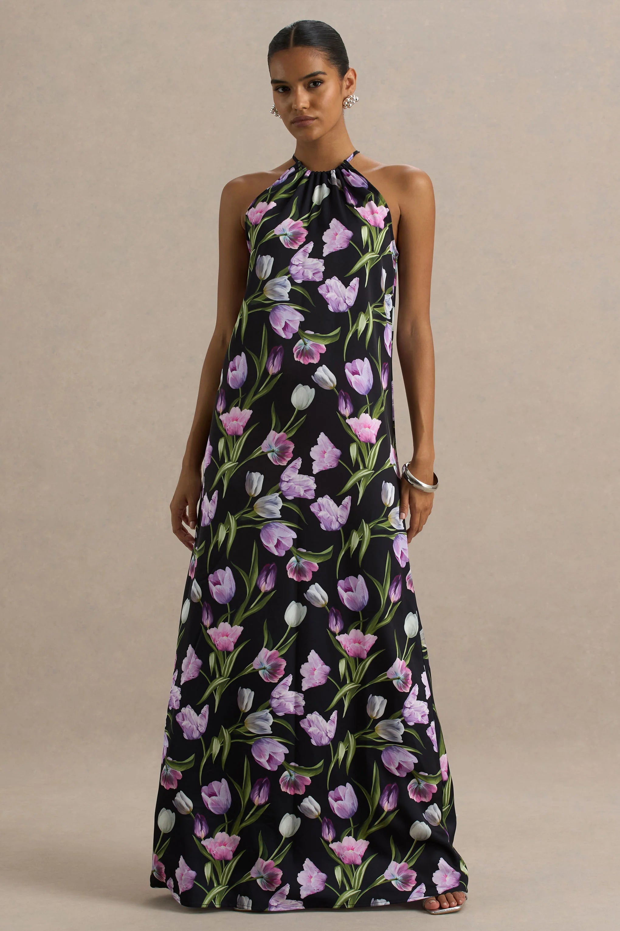 Svana Black Satin Floral Asymmetric Halter Neck Maxi Dress