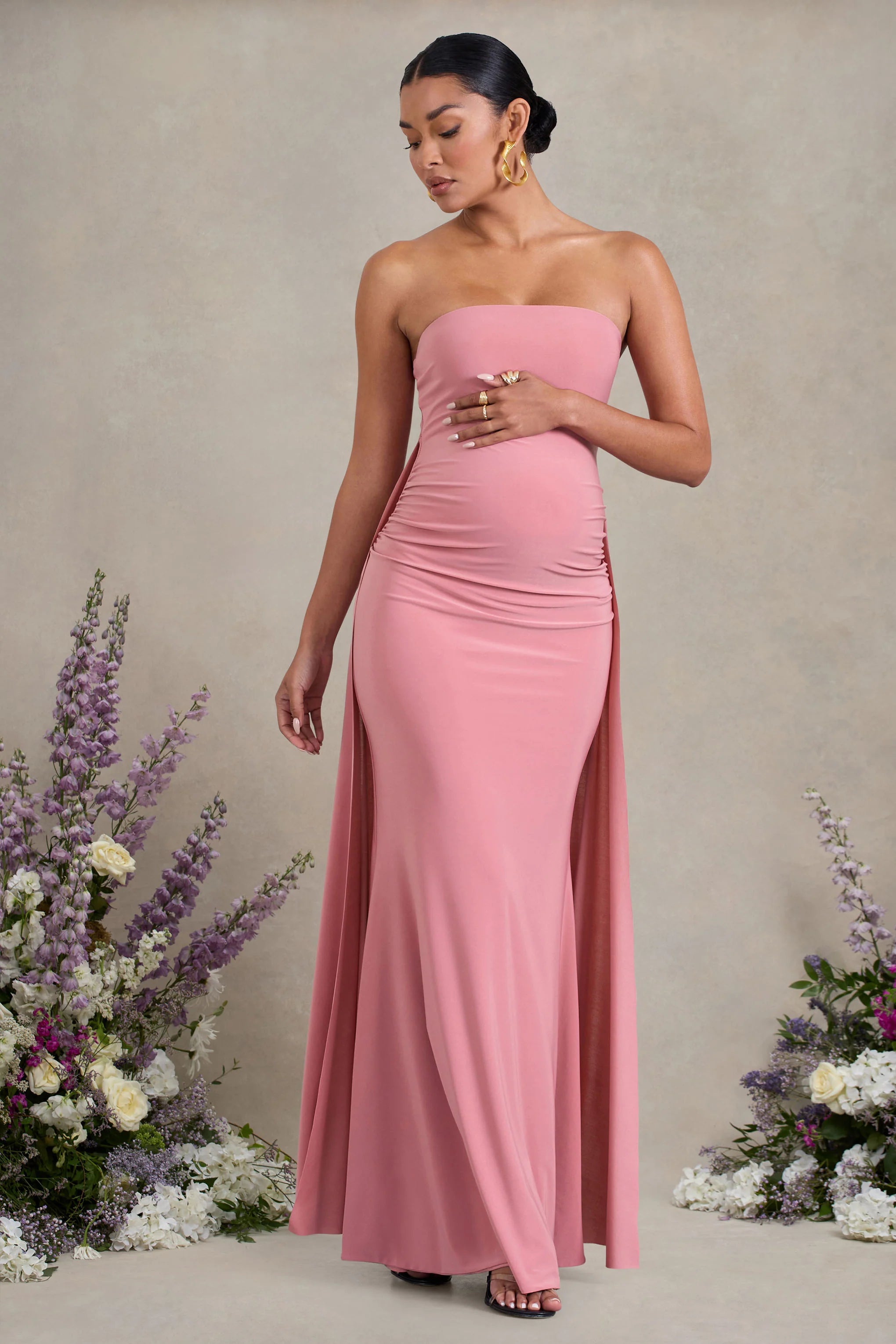 Christina Blush Pink Bandeau Sleeveless Maternity Maxi Dress With Cape