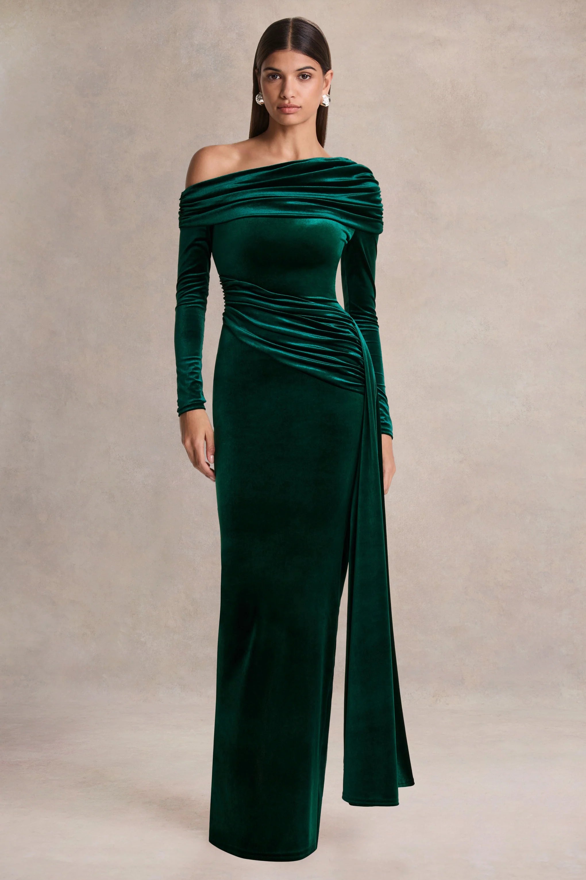 Hadria Bottle Green Velvet Asymmetric Neck Maxi Dress With Sash Detail