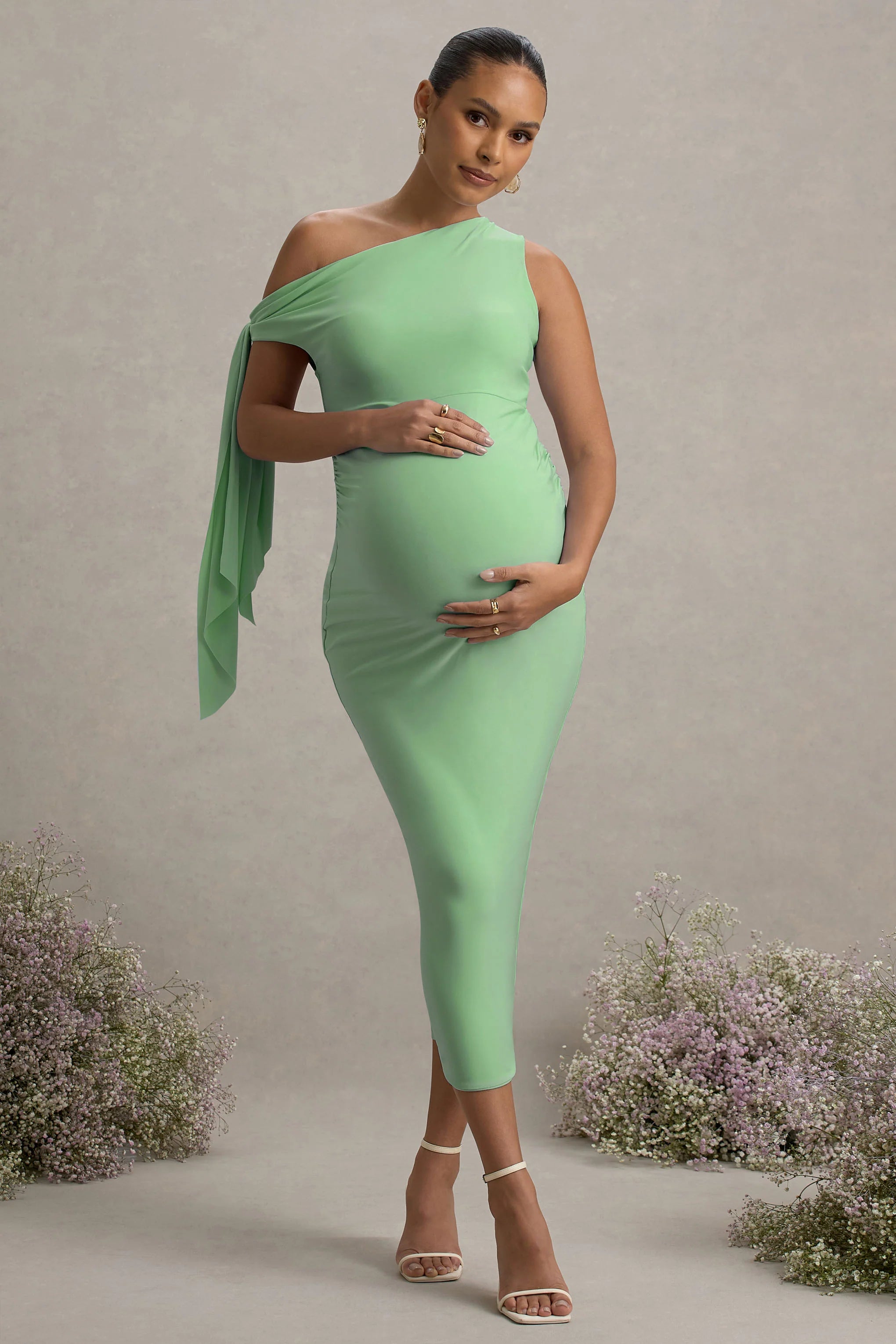 Katarine Light Green Asymmetric Knot Maternity Midi Dress
