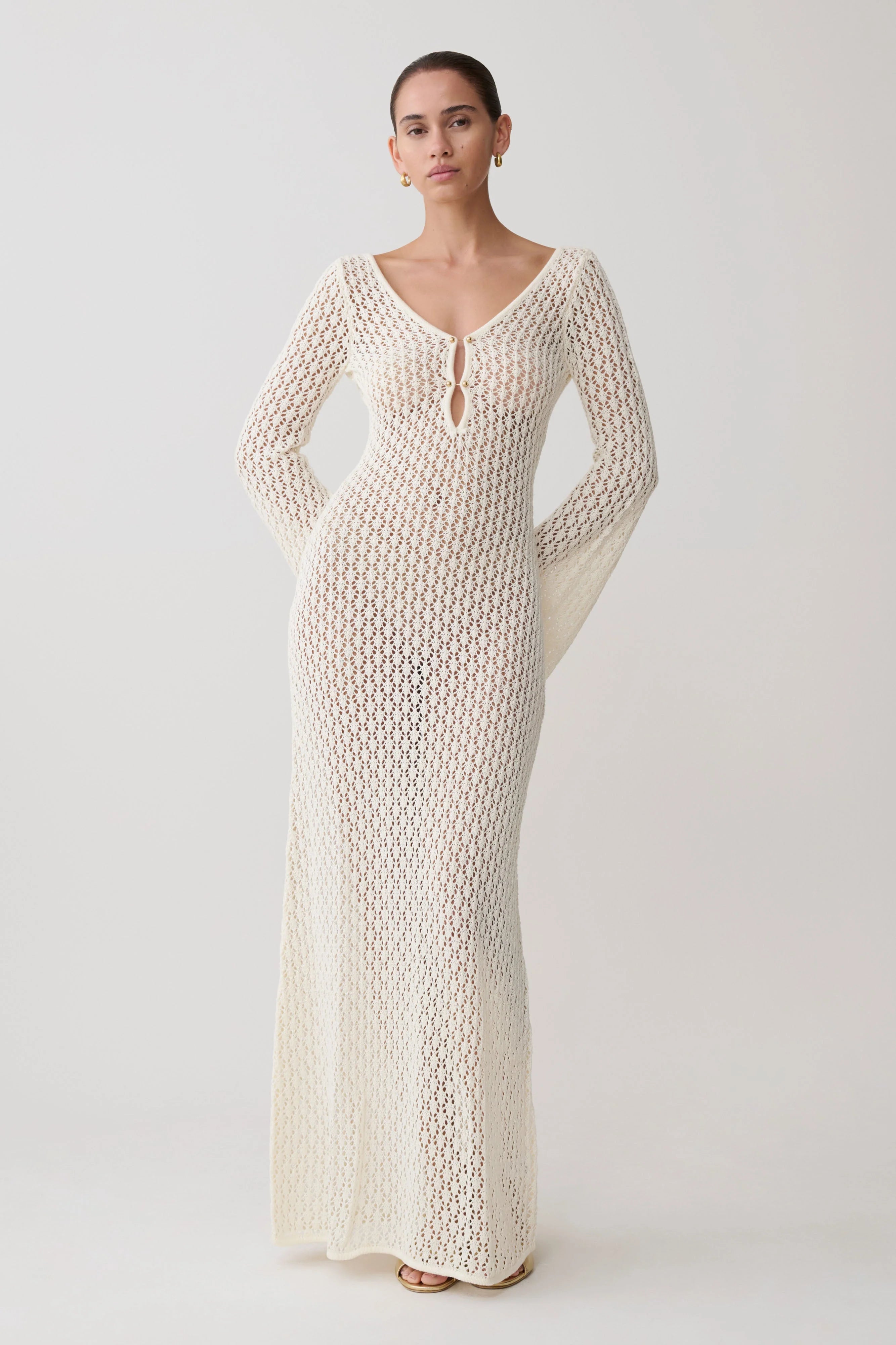 Kayleigh Crochet Fishtail Flare Sleeve Maxi Dress White