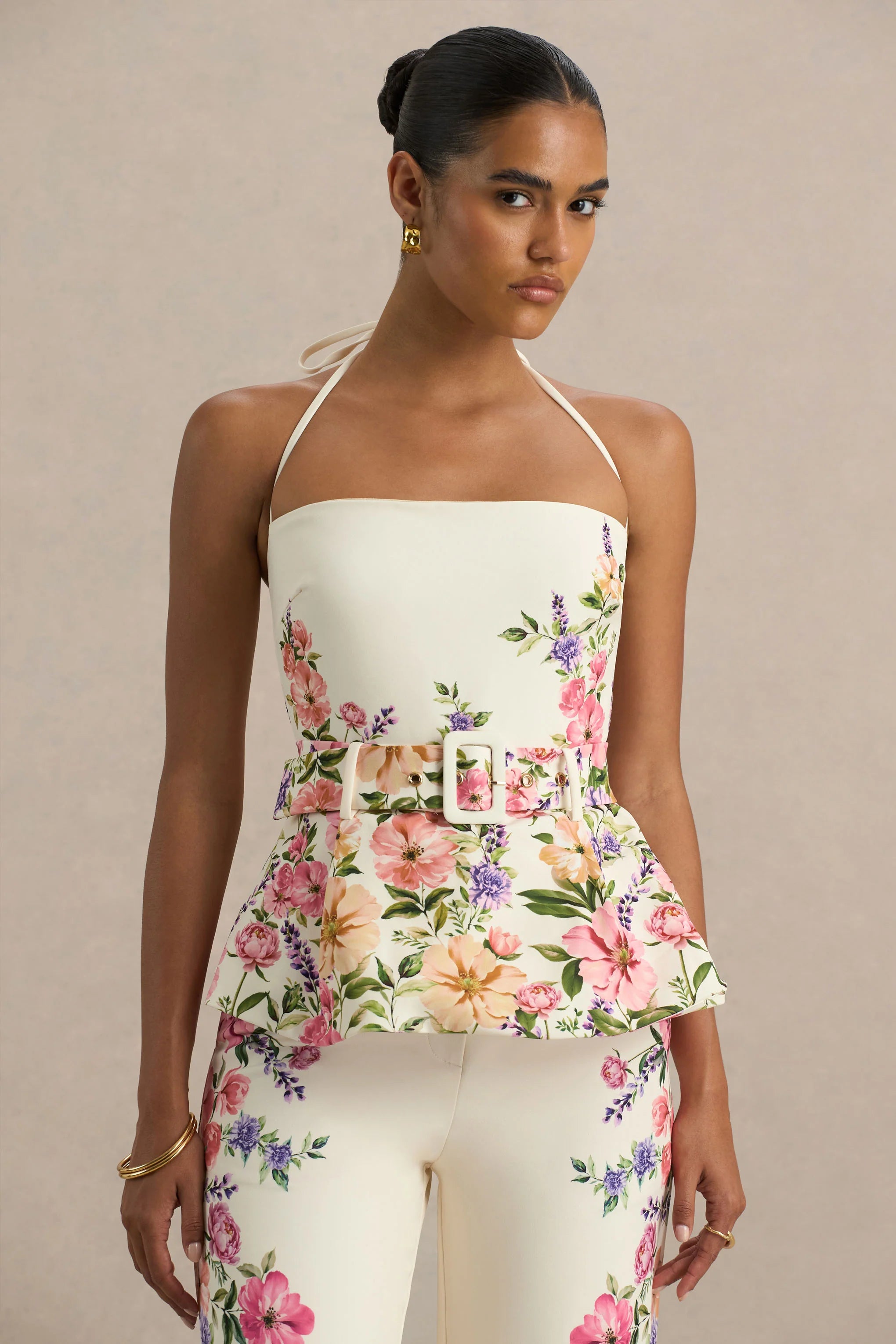 Maud White Floral Border Print Square Neck Tailored Top
