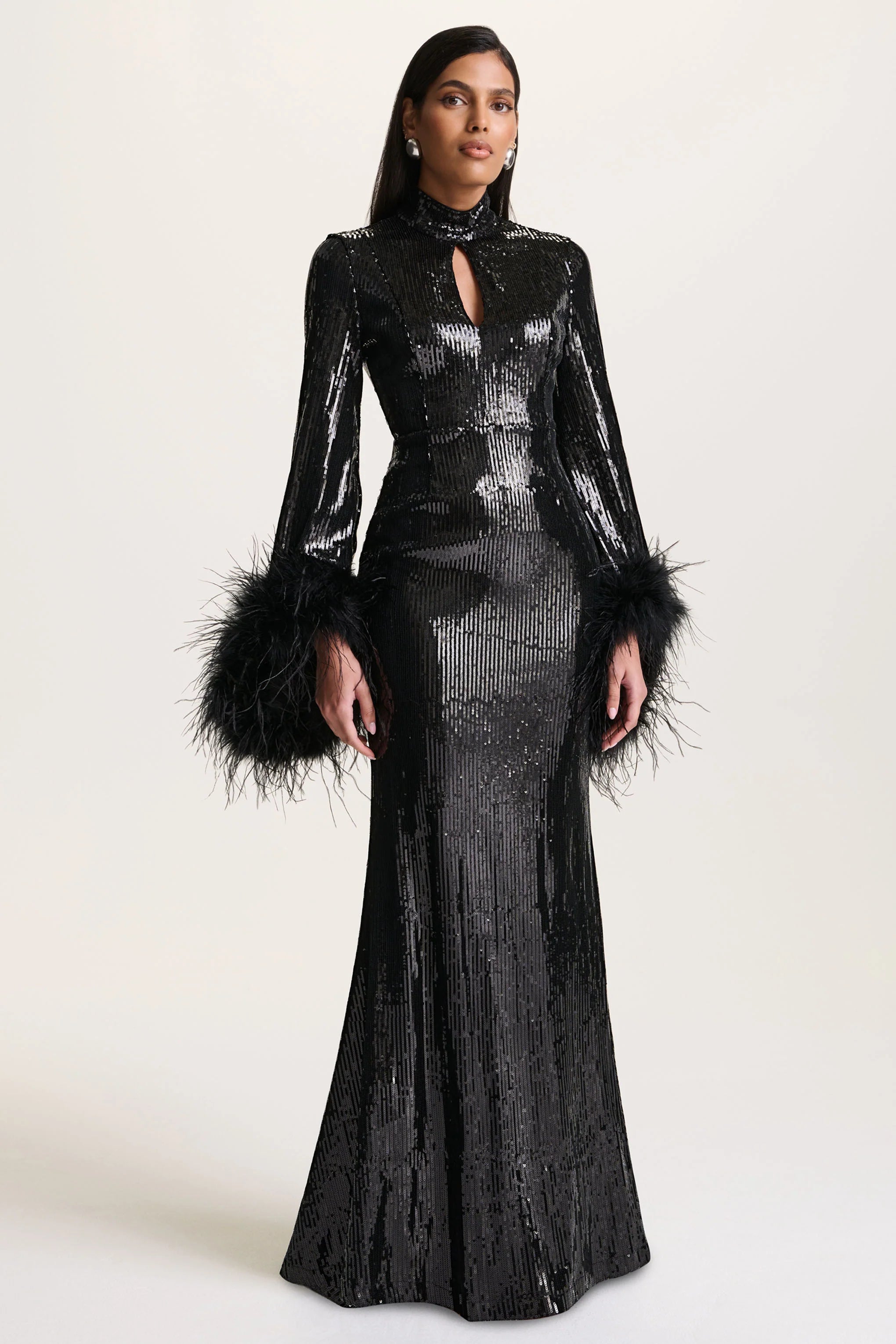 Cosmic Star Black Sequin High Neck Maxi Dress With Feather Cuffs