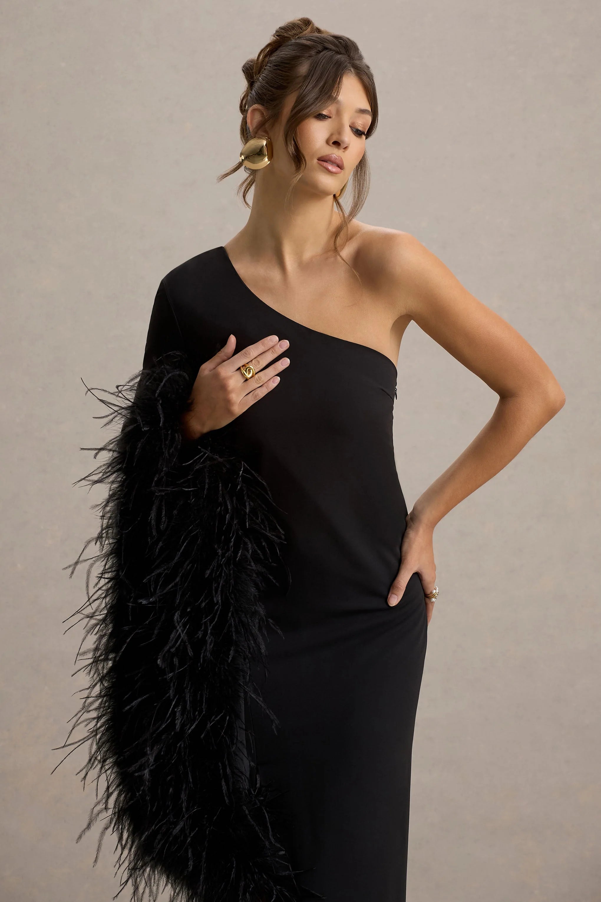 Armina Black One Shoulder Feather Trim Maxi Dress