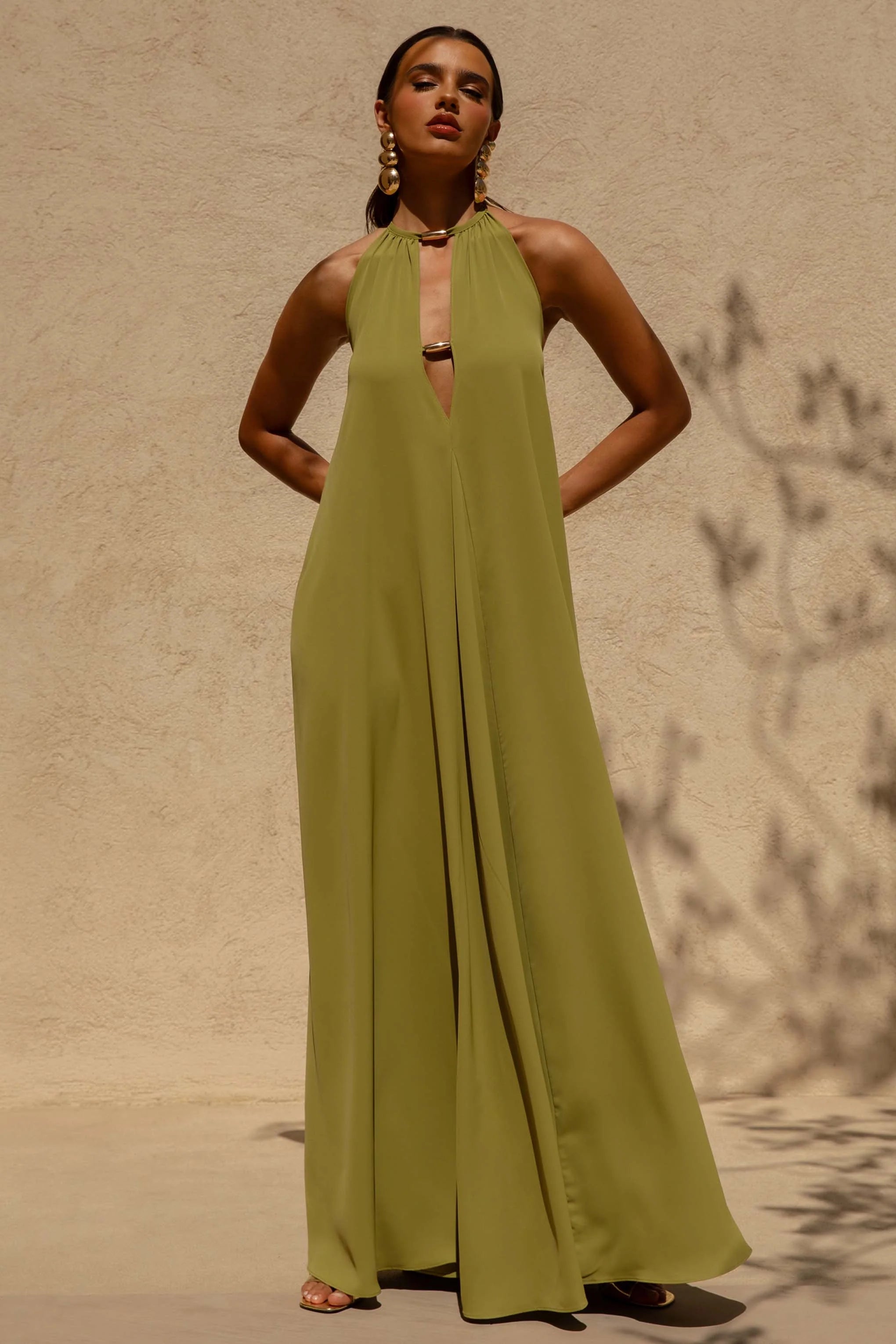 Zyon Green High Neck Maxi Dress with Cut Out Details