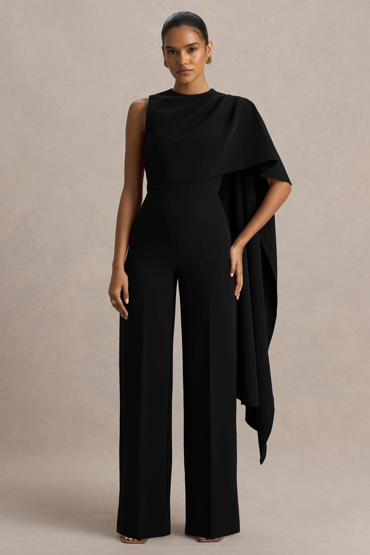 Sorenia Black High Neck Jumpsuit With One Cape Sleeve