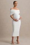 Droplet White Bow Bardot Maternity Midi Dress