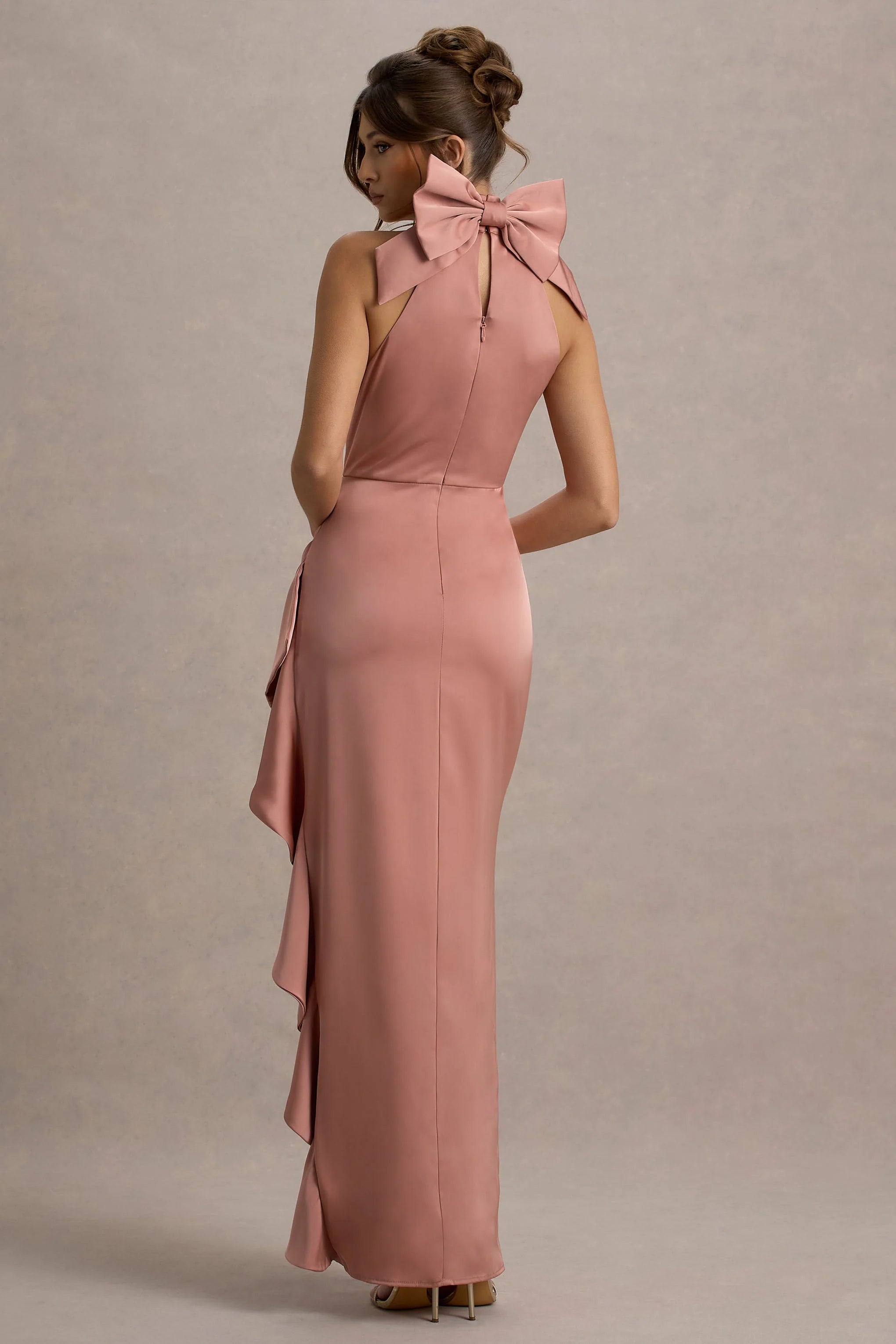 Maureen Pink Satin High Neck Draped Maxi Dress