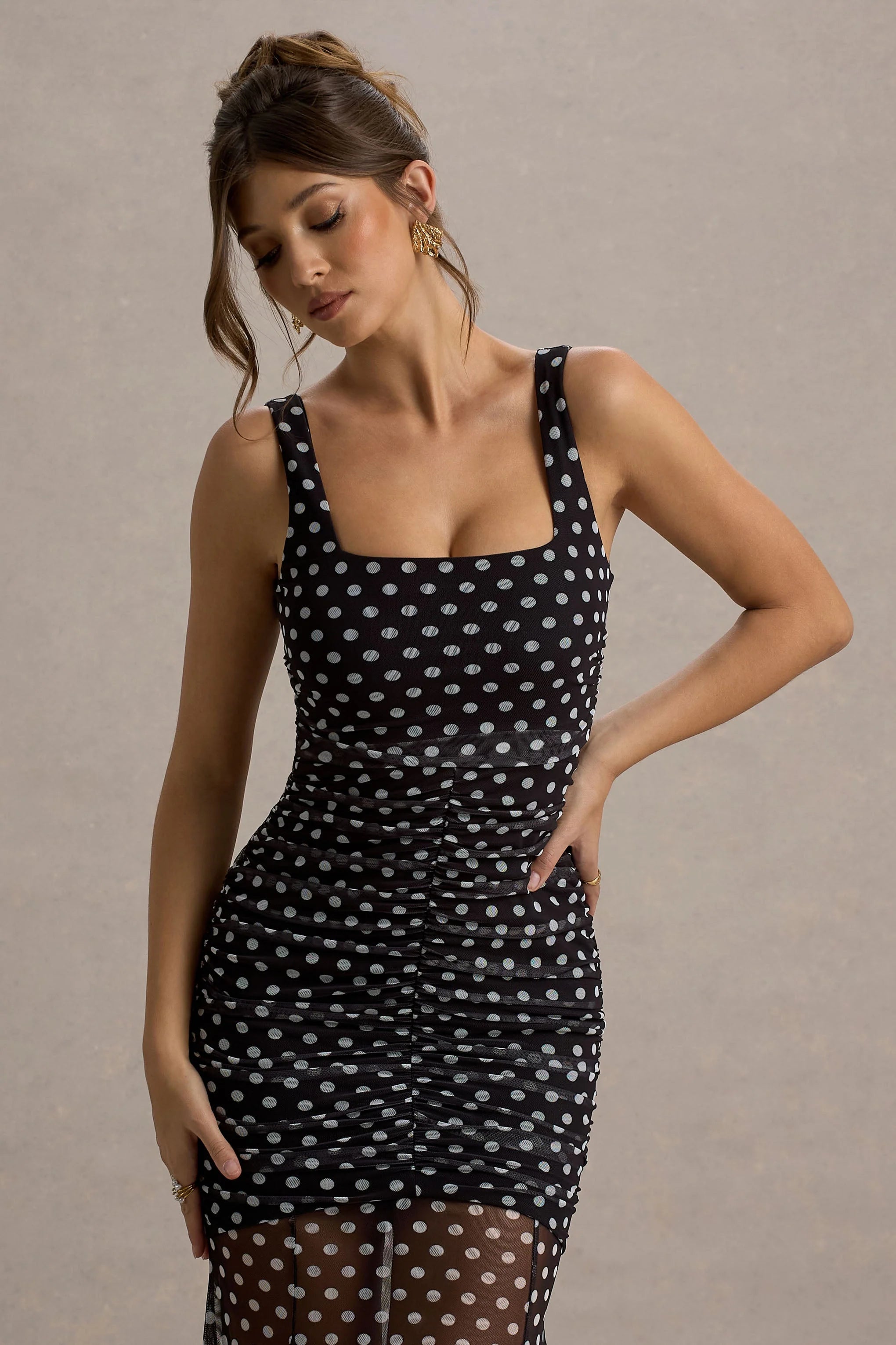 Galaxia Black White Polka Dot Maxi Dress With Mesh Skirt