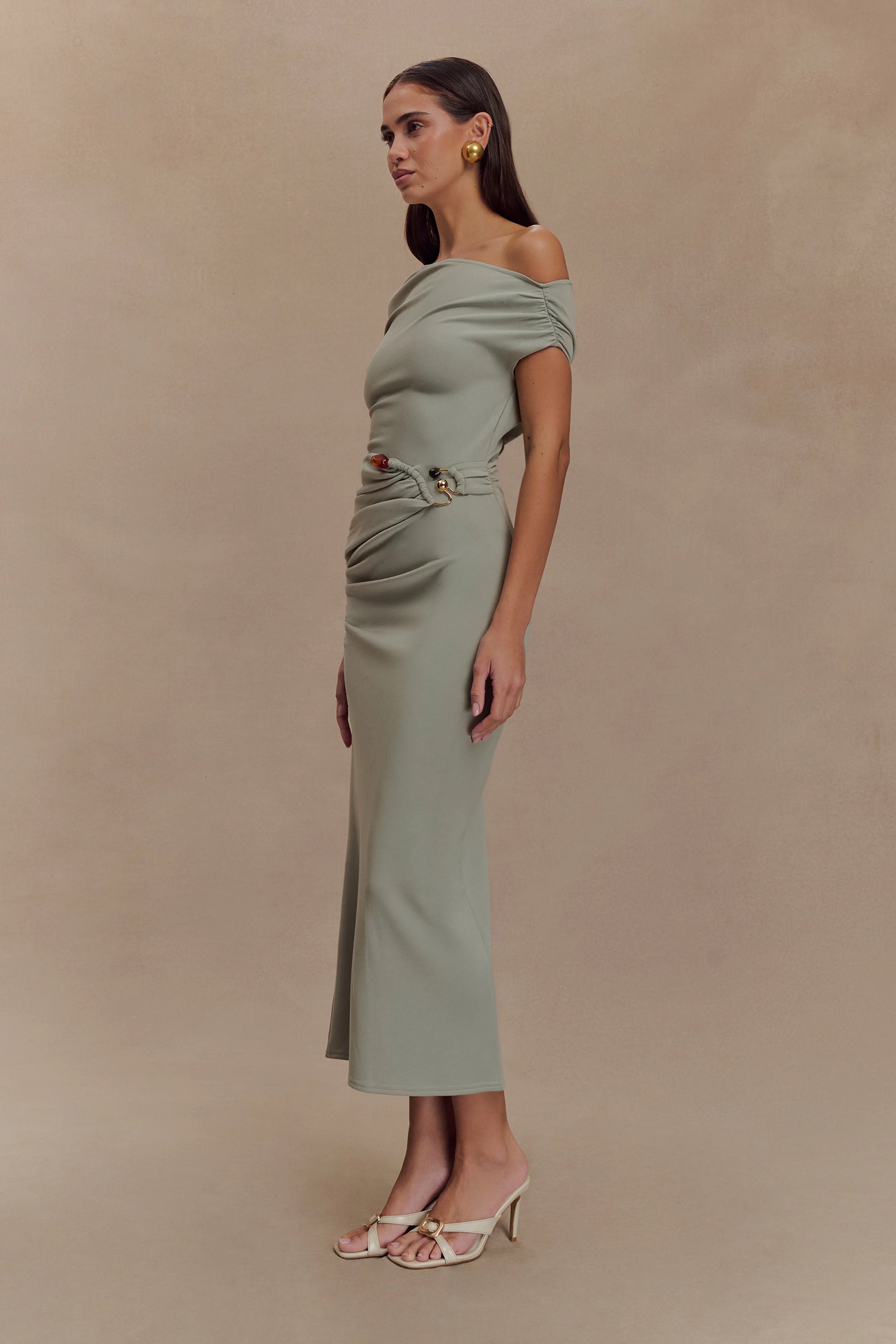 Kendra Scuba Jersey Midi Dress With Hardware Sage