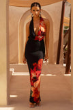 Kat Red Placement Floral Print Plunge Neck Maxi Dress