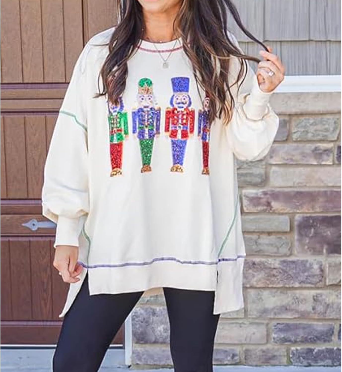 Christmas Sweatshirt for Women Funny Sequin Sweater Nutcracker Santa Xmas Graphic Oversized Pullover Tops