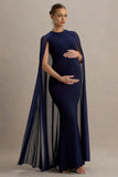 Currant Navy Crew Neck Maternity Maxi Dress With Cape
