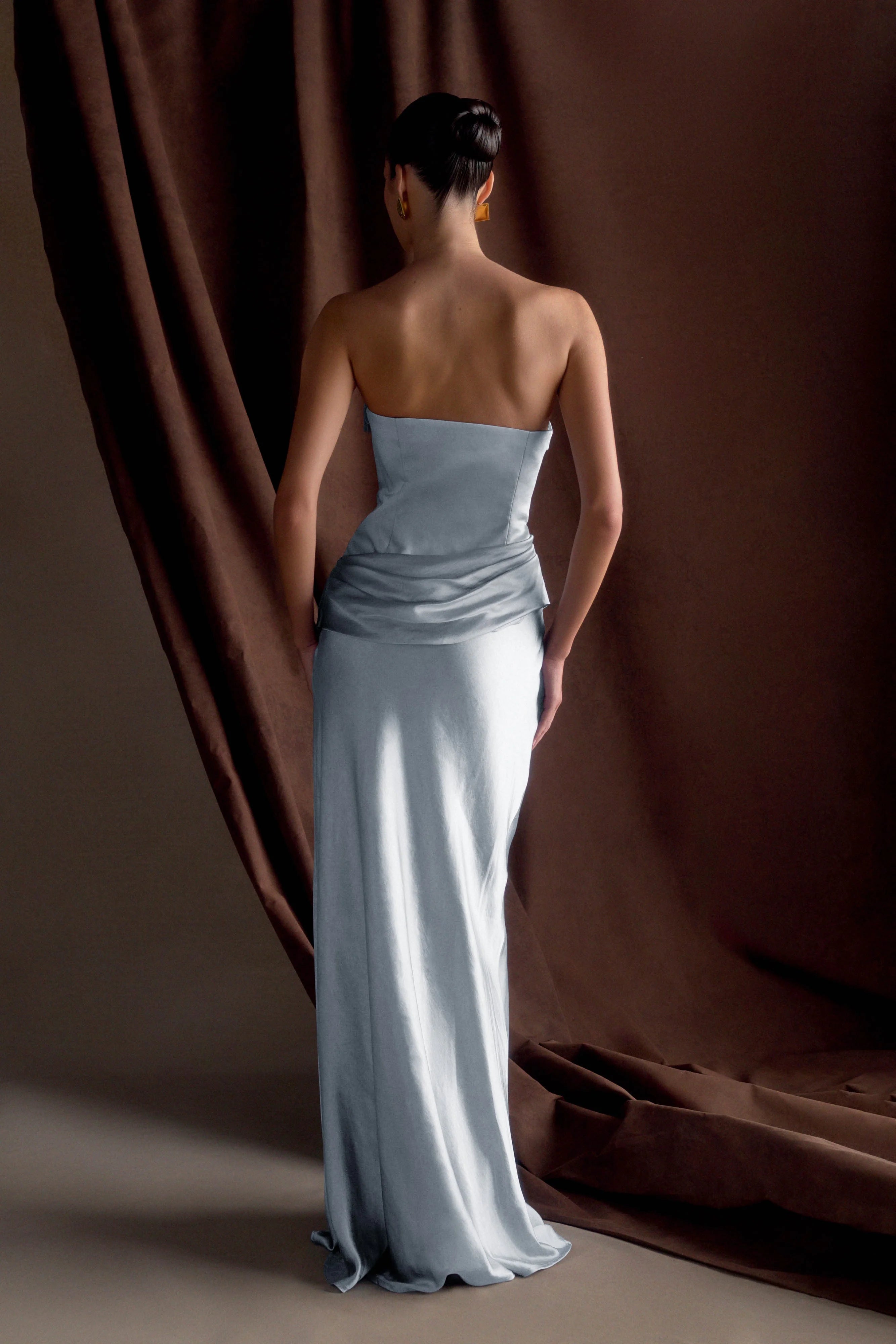 Jasmine Strapless Satin Maxi Dress Frosted Blue