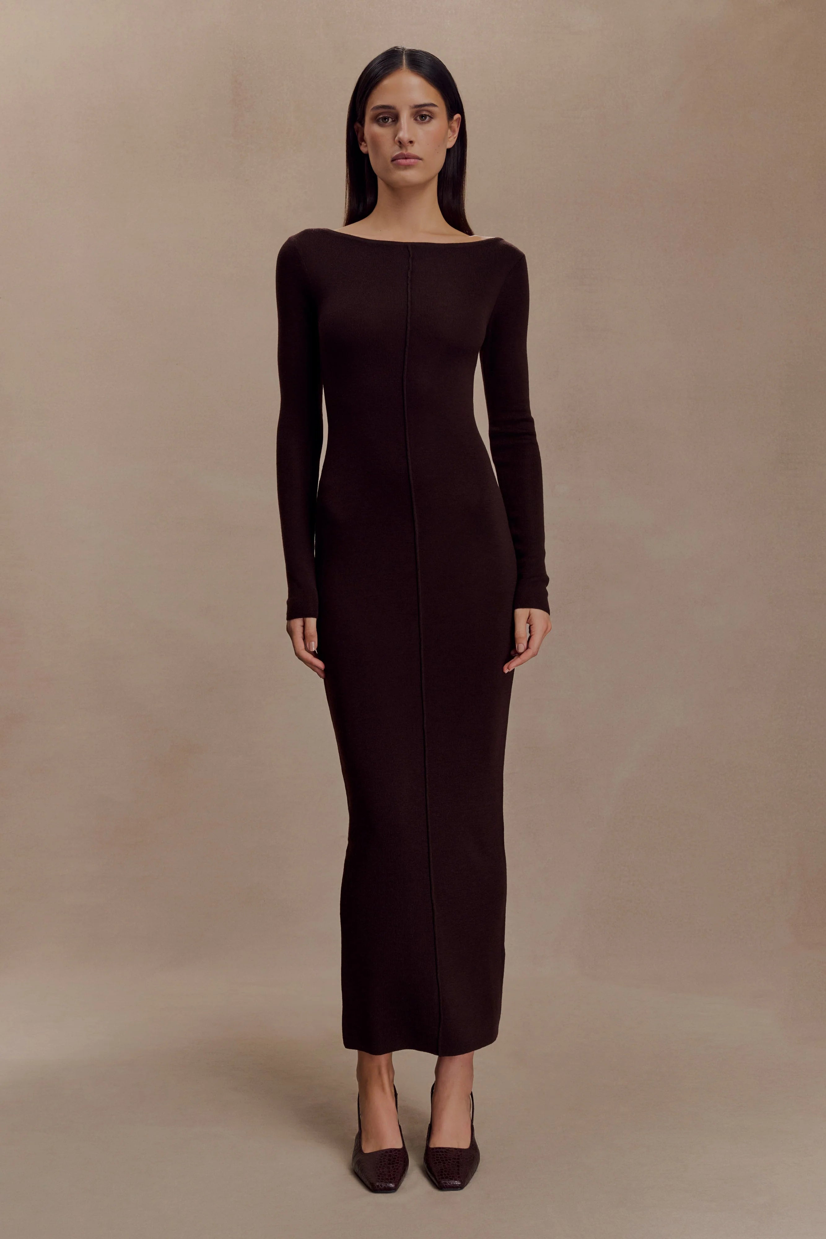 Cleona Merino Wool Ribbed Long Sleeve Maxi Dress Deep Chocolate