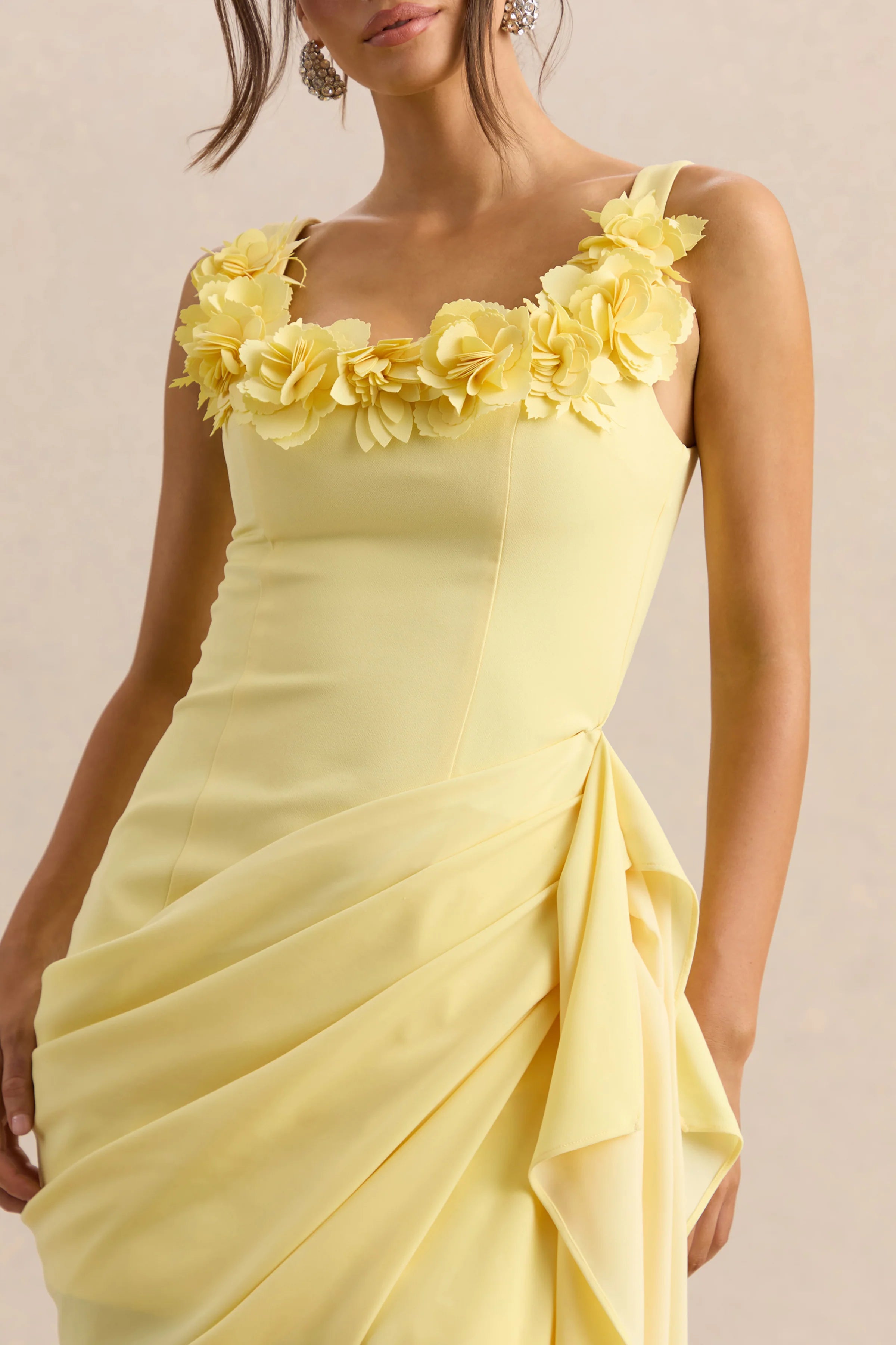 Letitia Lemon Scoop Neck Embellished Wrap Midi Dress