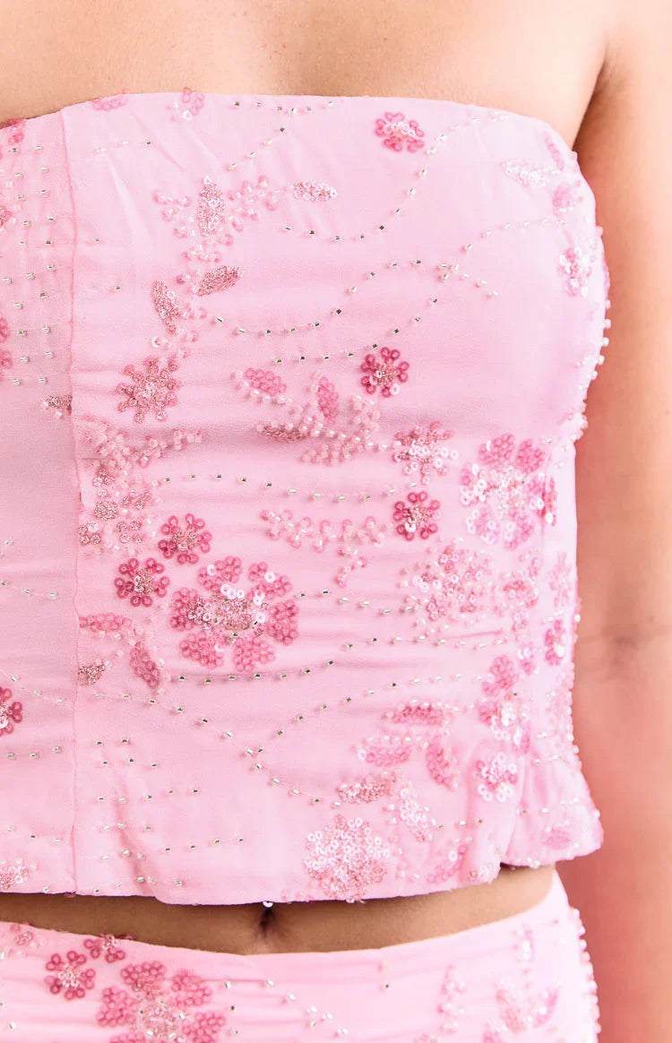 Vila Light Pink Strapless Beaded Top