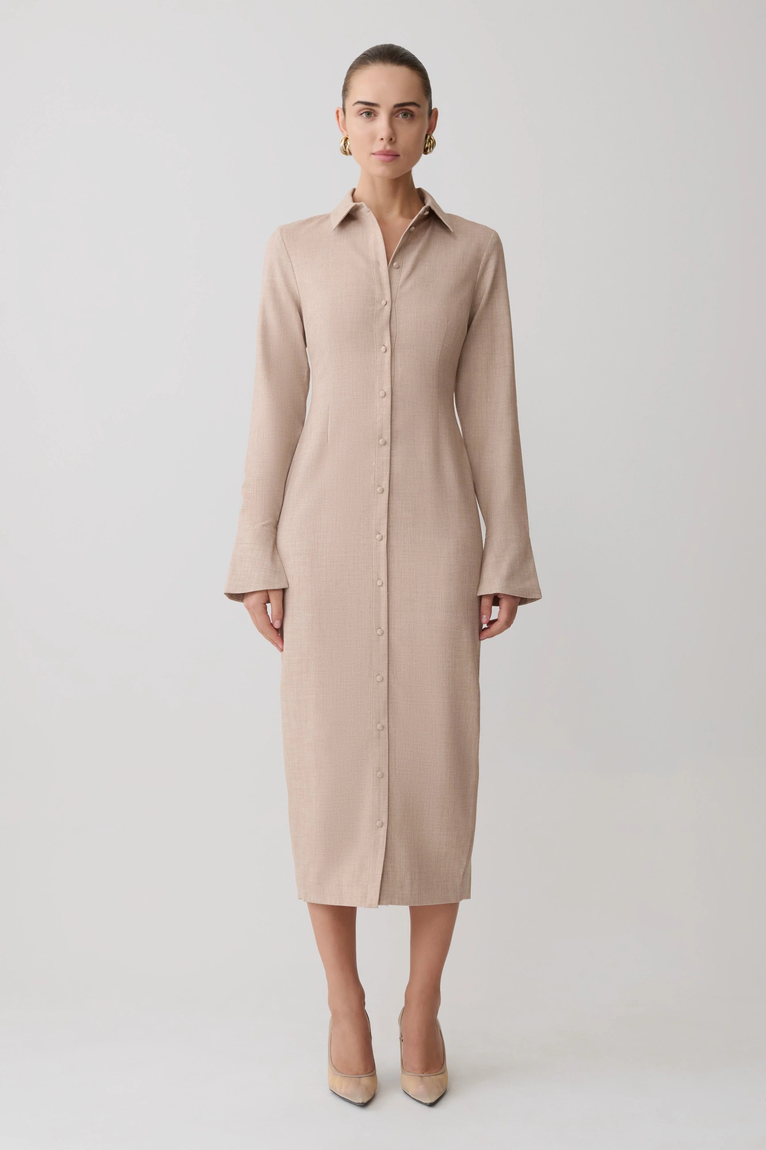 Dorian Fitted Shirt Midi Dress Wheat Marle
