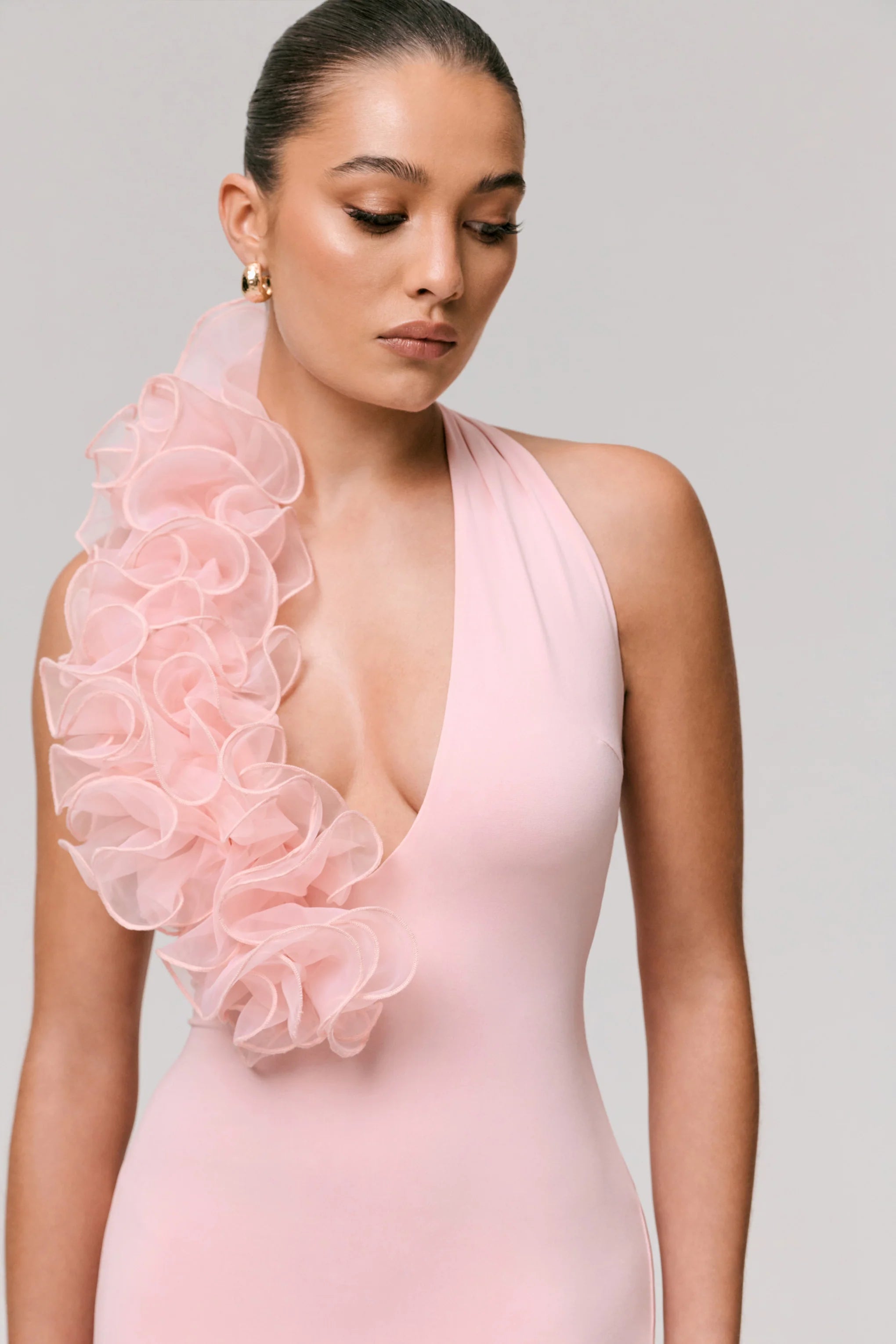 Harriet Pink Plunge Neck Maxi Dress With Floral Detail