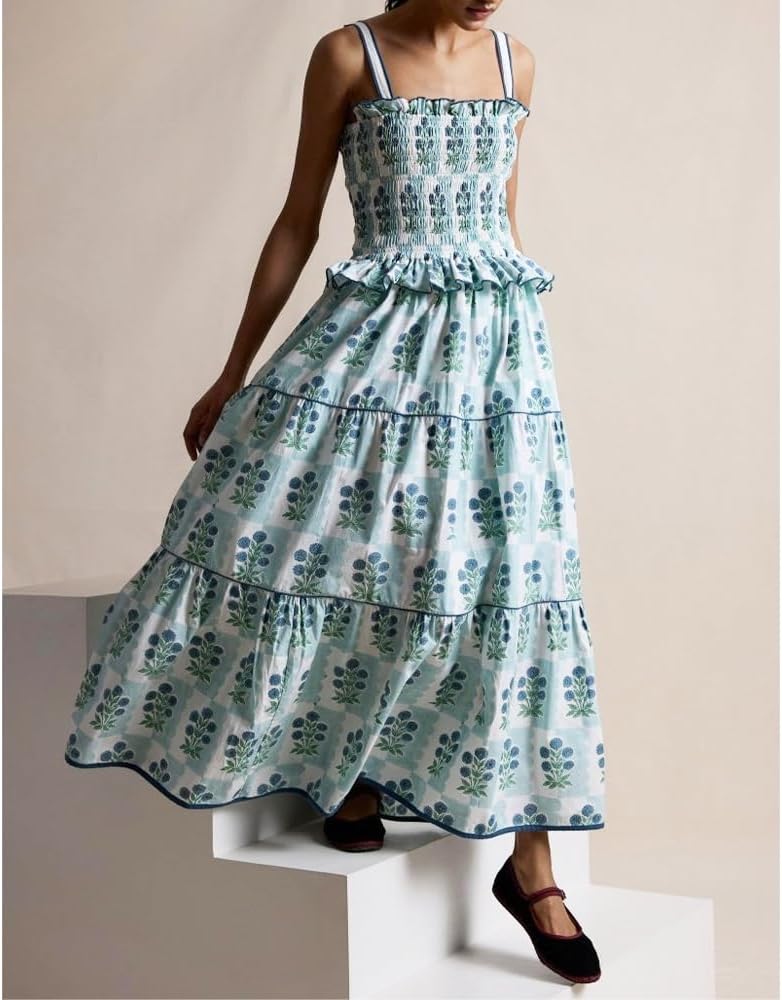Women Floral Maxi Dress Sleeveless Smocked Ruffle Flowy Boho Sundress with Pockets Summer Vacation