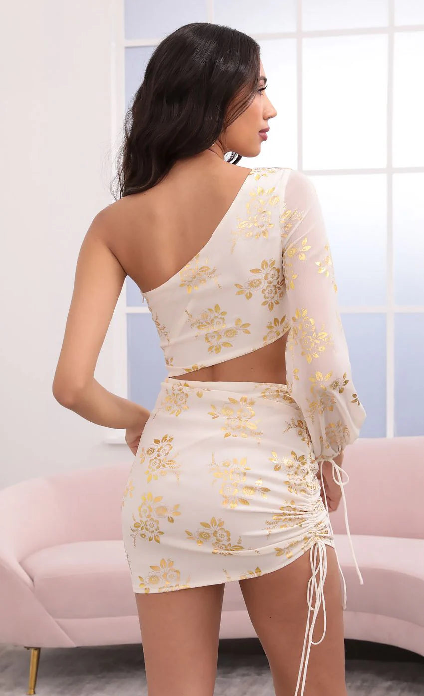 One Shoulder Dress in Gold Floral