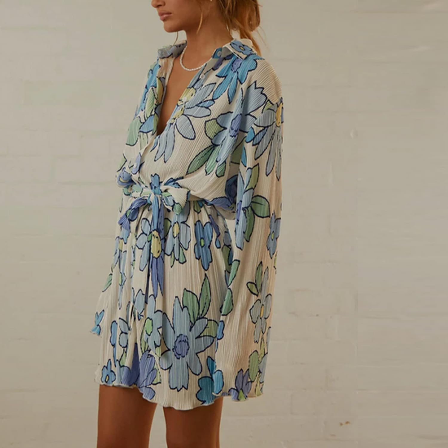Women Shirt Dresses Long Sleeve Pleated Mini Dress Casual Button Down Tunic Tops with Belt Vintage Streetwear